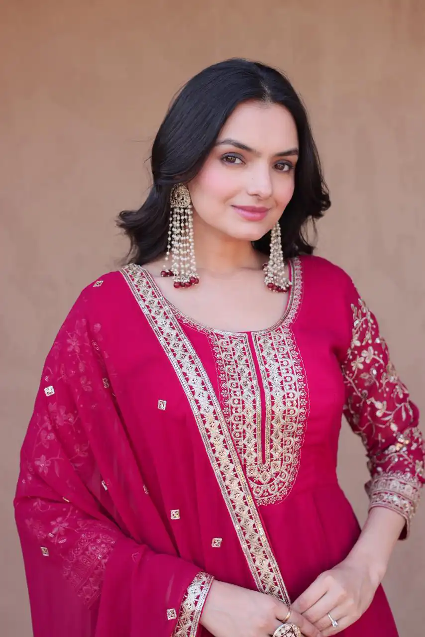 Simple Pink Faux Blooming Embroidery Zari Work Gown - Image 2