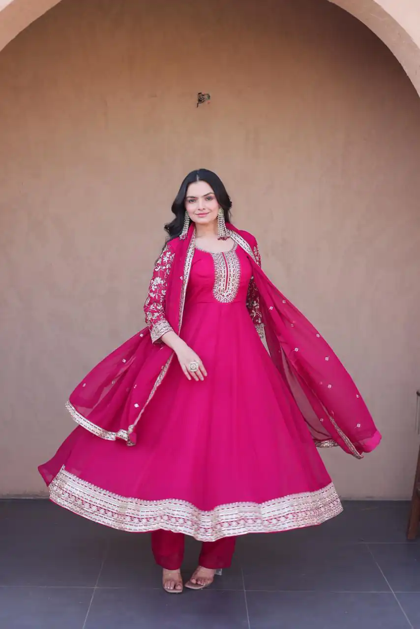 Simple Pink Faux Blooming Embroidery Zari Work Gown