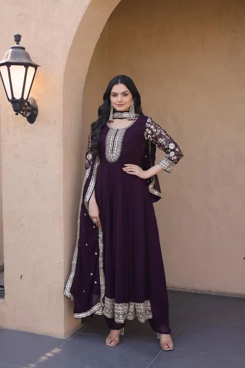 Simple Wine Faux Blooming Embroidery Zari Work Gown - Image 4