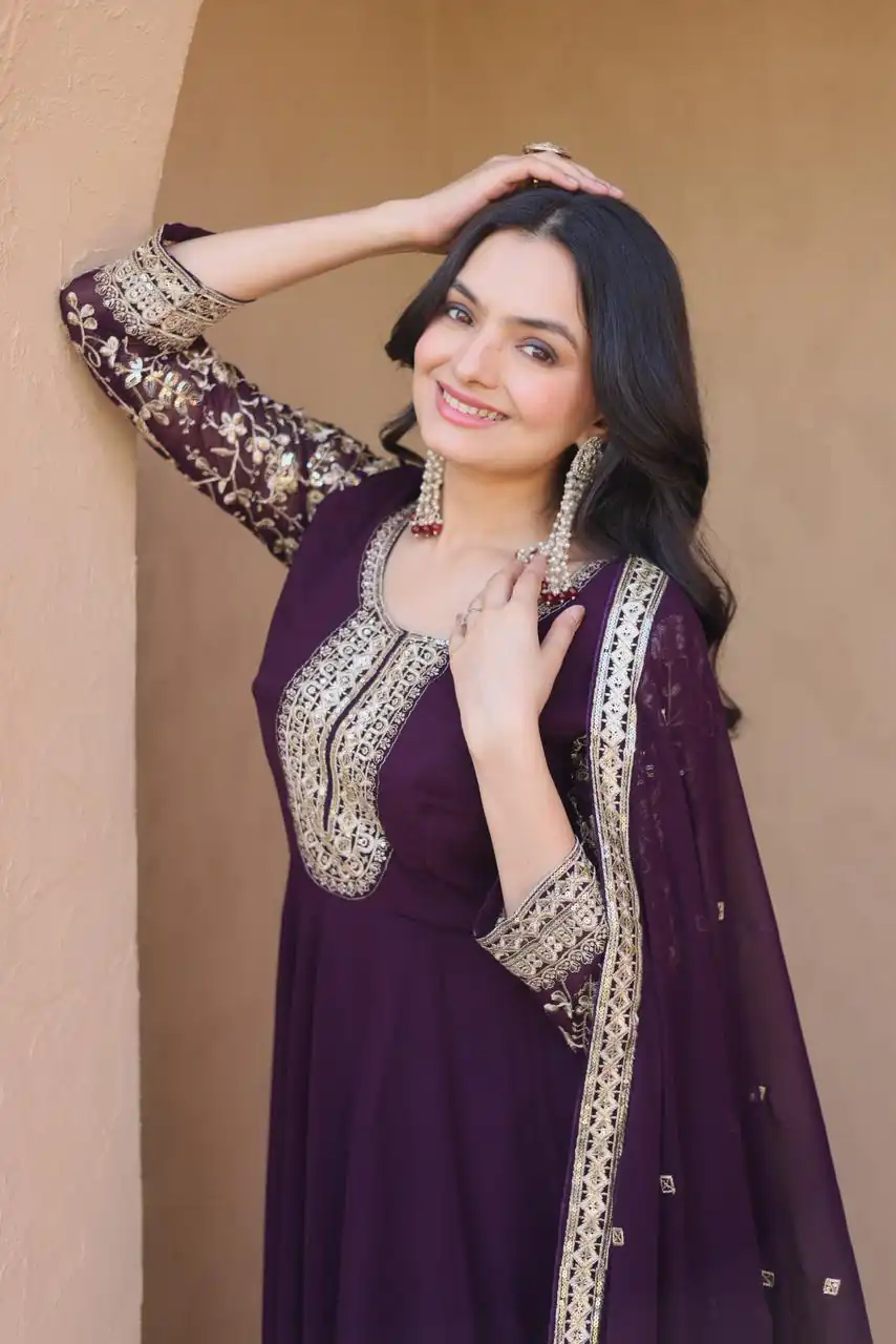 Simple Wine Faux Blooming Embroidery Zari Work Gown - Image 2