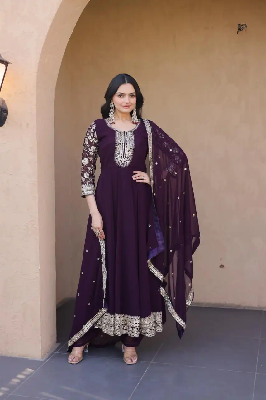 Simple Wine Faux Blooming Embroidery Zari Work Gown