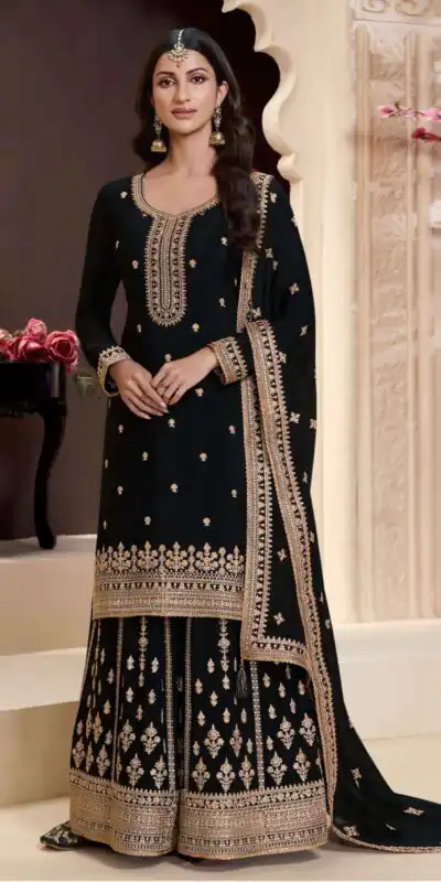 Solid Black Chinon Embroidery Work Salwar Suit