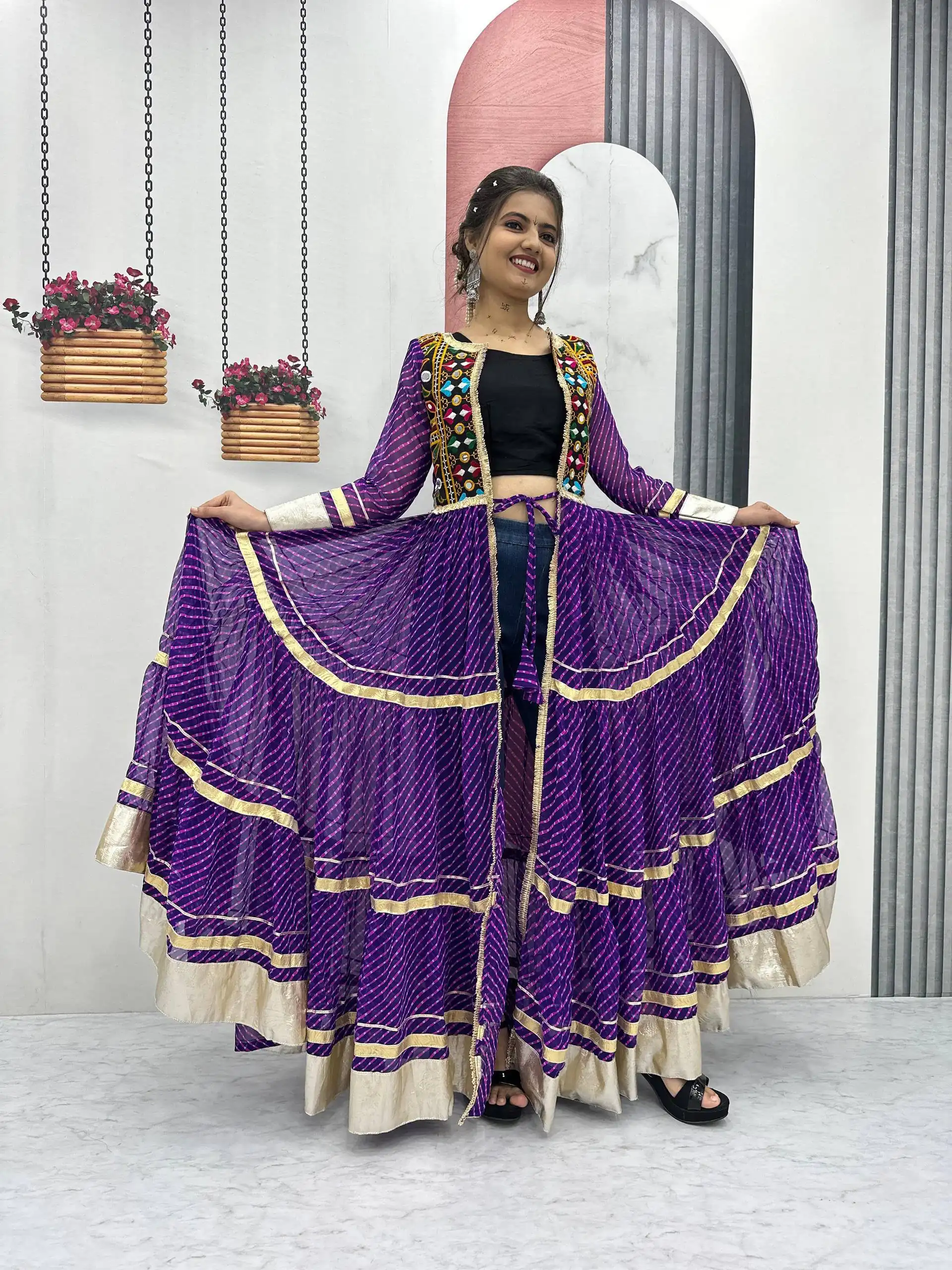 Solid Purple Fox Georgette Lace Mirror Work Kurti - Image 4