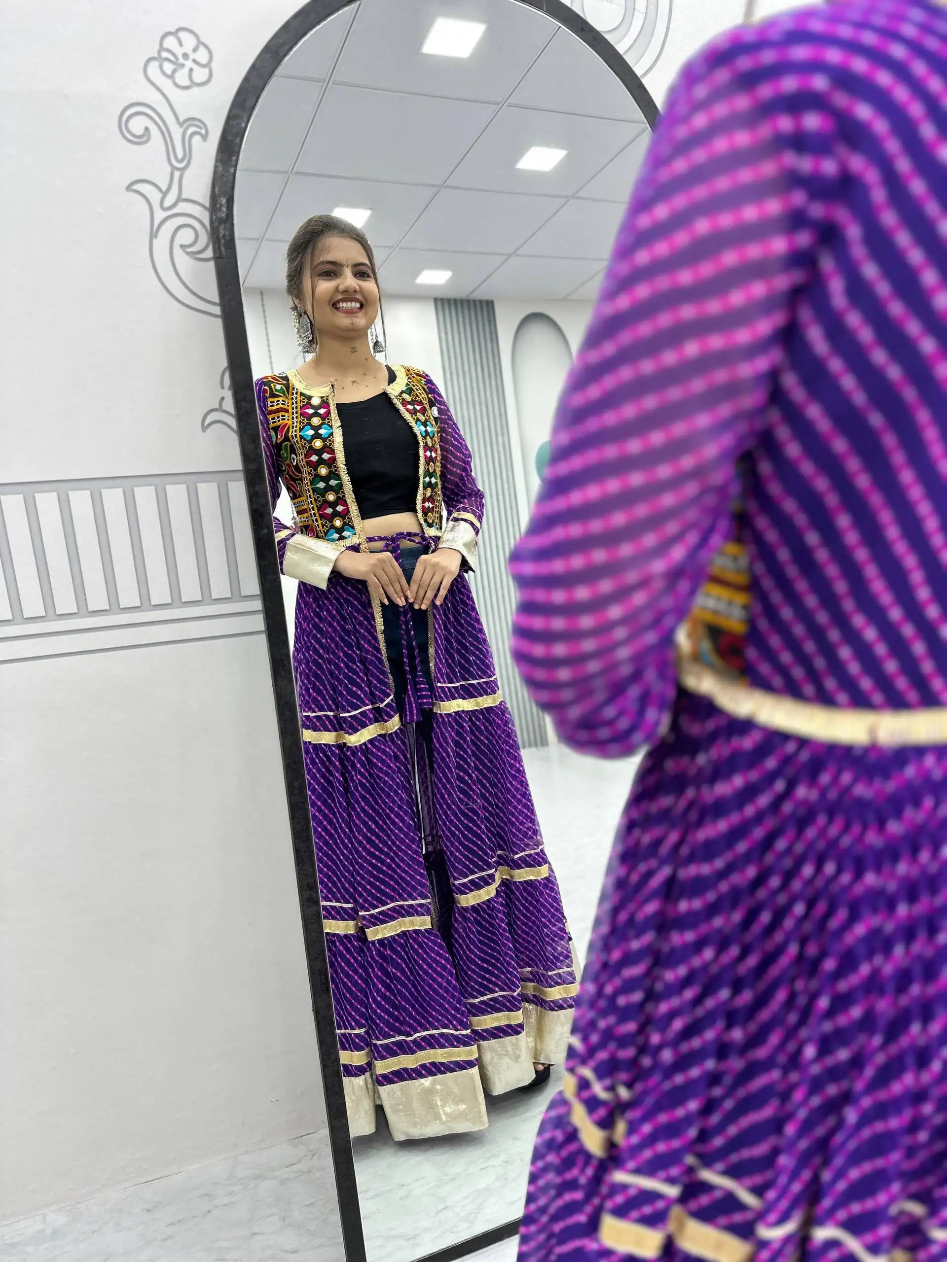 Solid Purple Fox Georgette Lace Mirror Work Kurti - Image 3