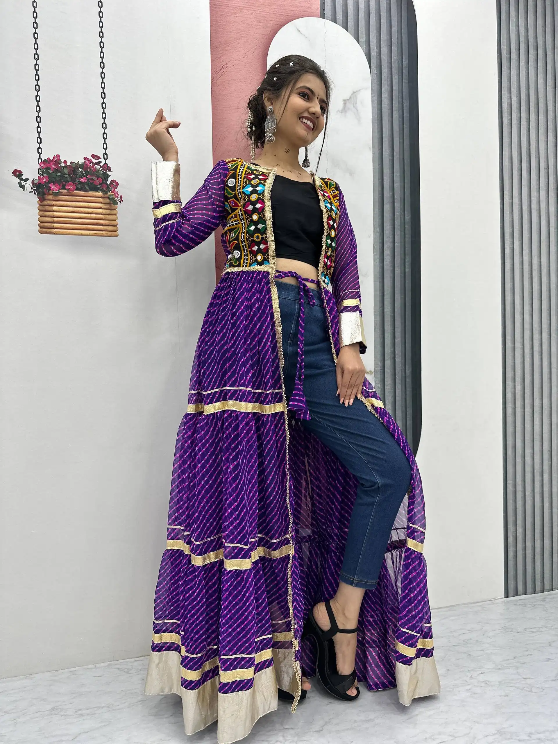 Solid Purple Fox Georgette Lace Mirror Work Kurti - Image 2