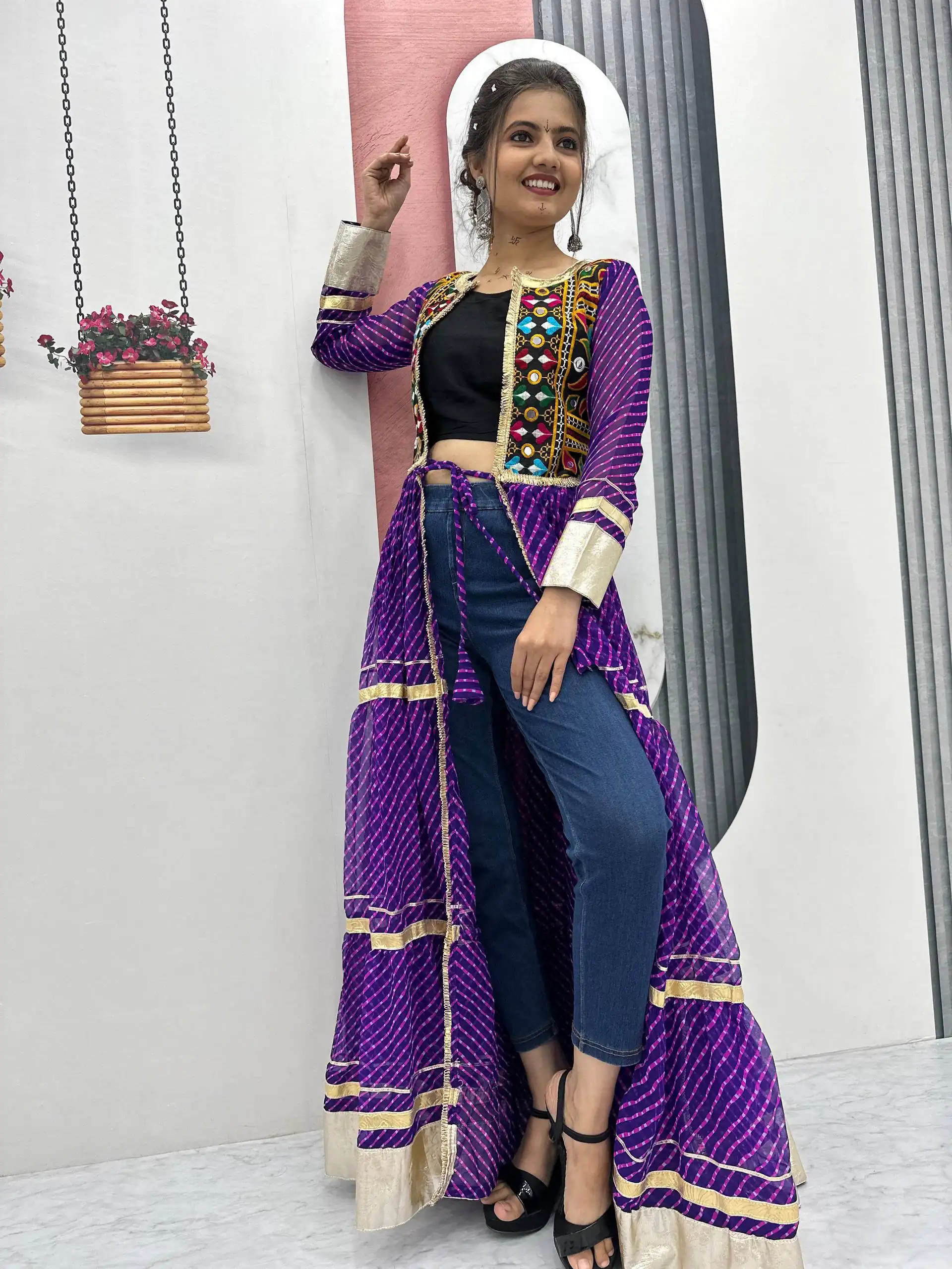 Solid Purple Fox Georgette Lace Mirror Work Kurti