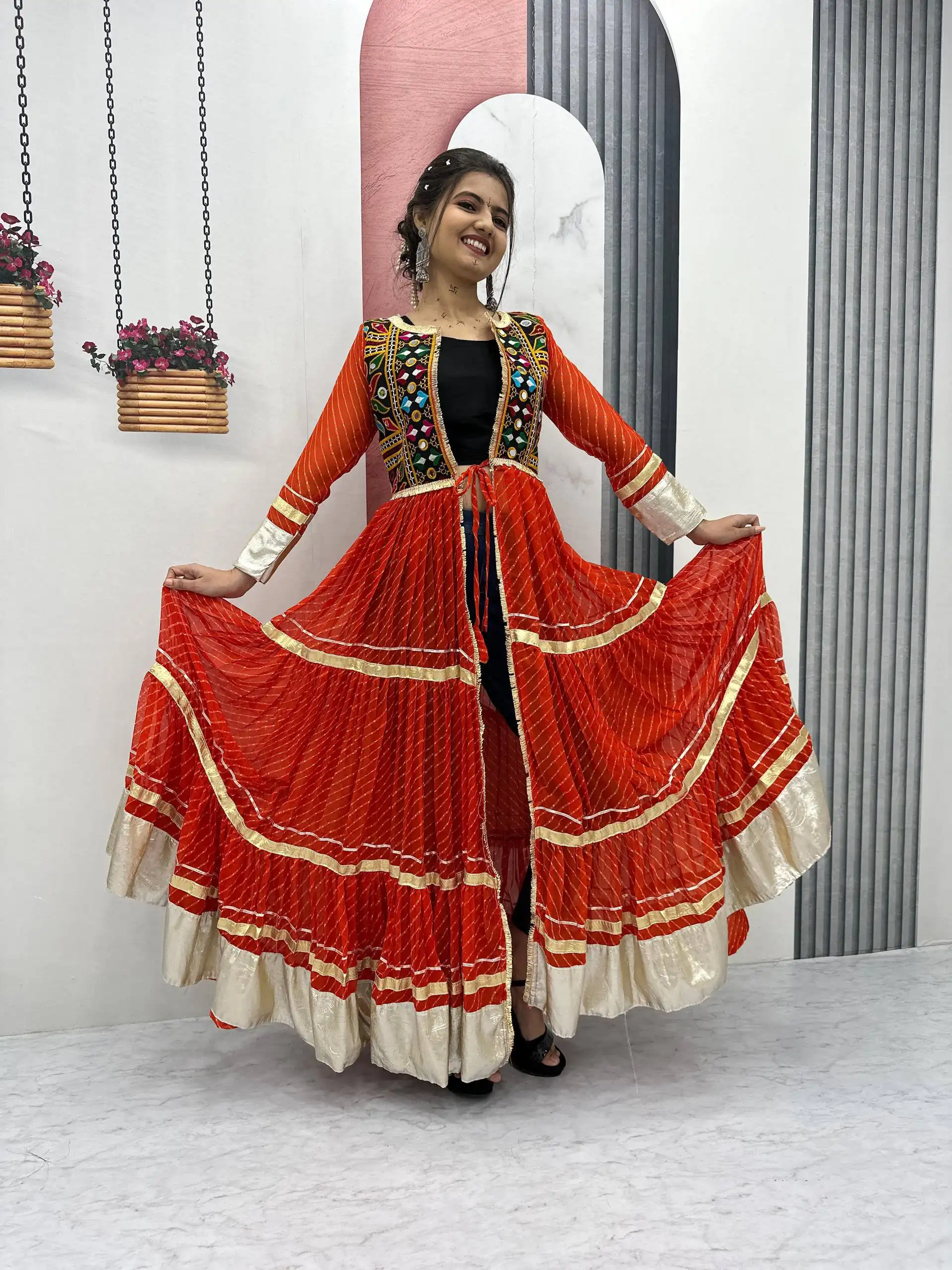 Solid Red Fox Georgette Lace Mirror Work Kurti - Image 4