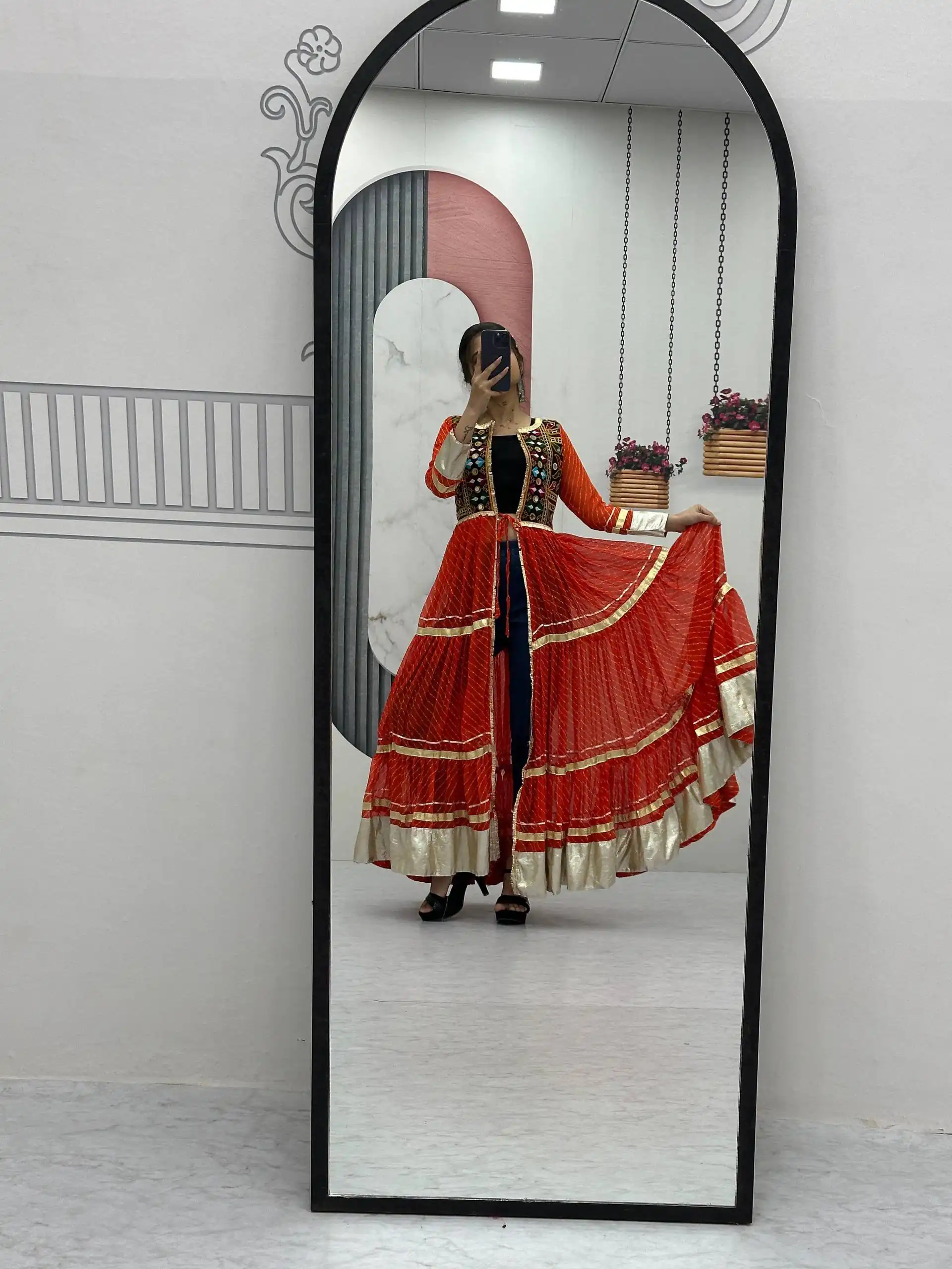 Solid Red Fox Georgette Lace Mirror Work Kurti - Image 3