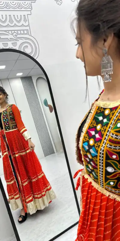 Alternative view of Solid Red Fox Georgette Lace Mirror Work Kurti