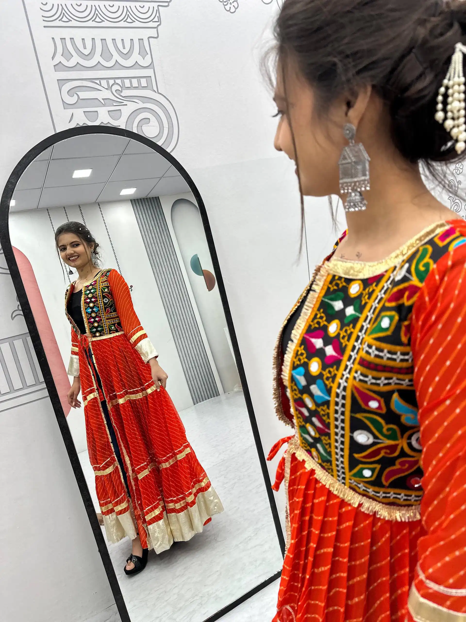 Solid Red Fox Georgette Lace Mirror Work Kurti - Image 2