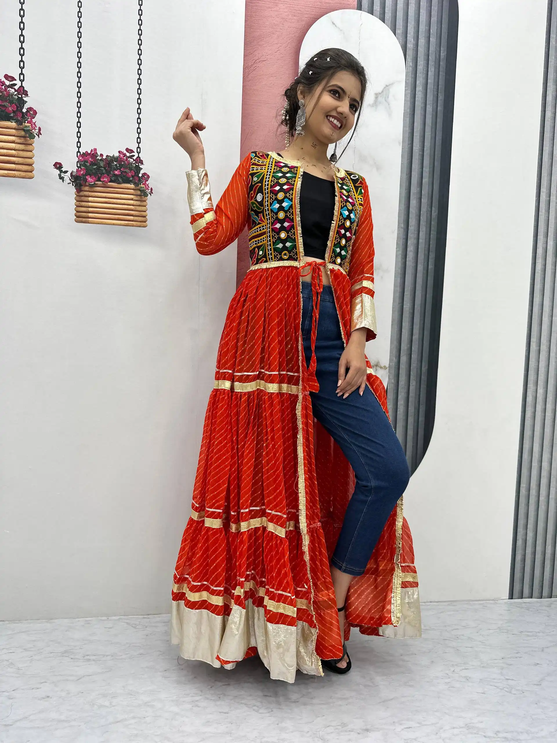 Solid Red Fox Georgette Lace Mirror Work Kurti