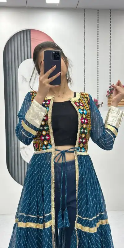 Alternative view of Solid Teal Fox Georgette Lace Mirror Work Kurti