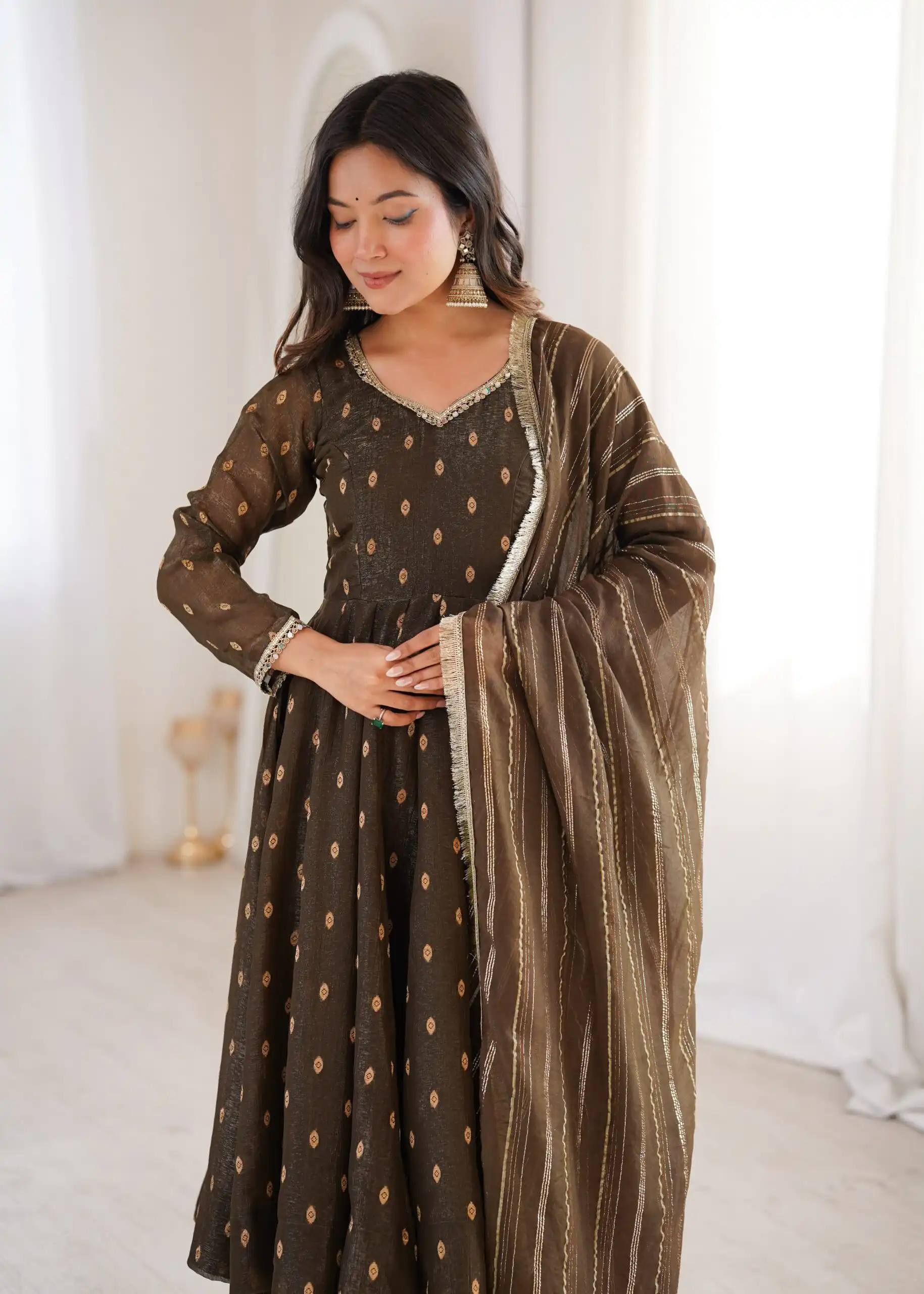 Stunning Brown Crunchy Silk Jacquard Work Gown - Image 5