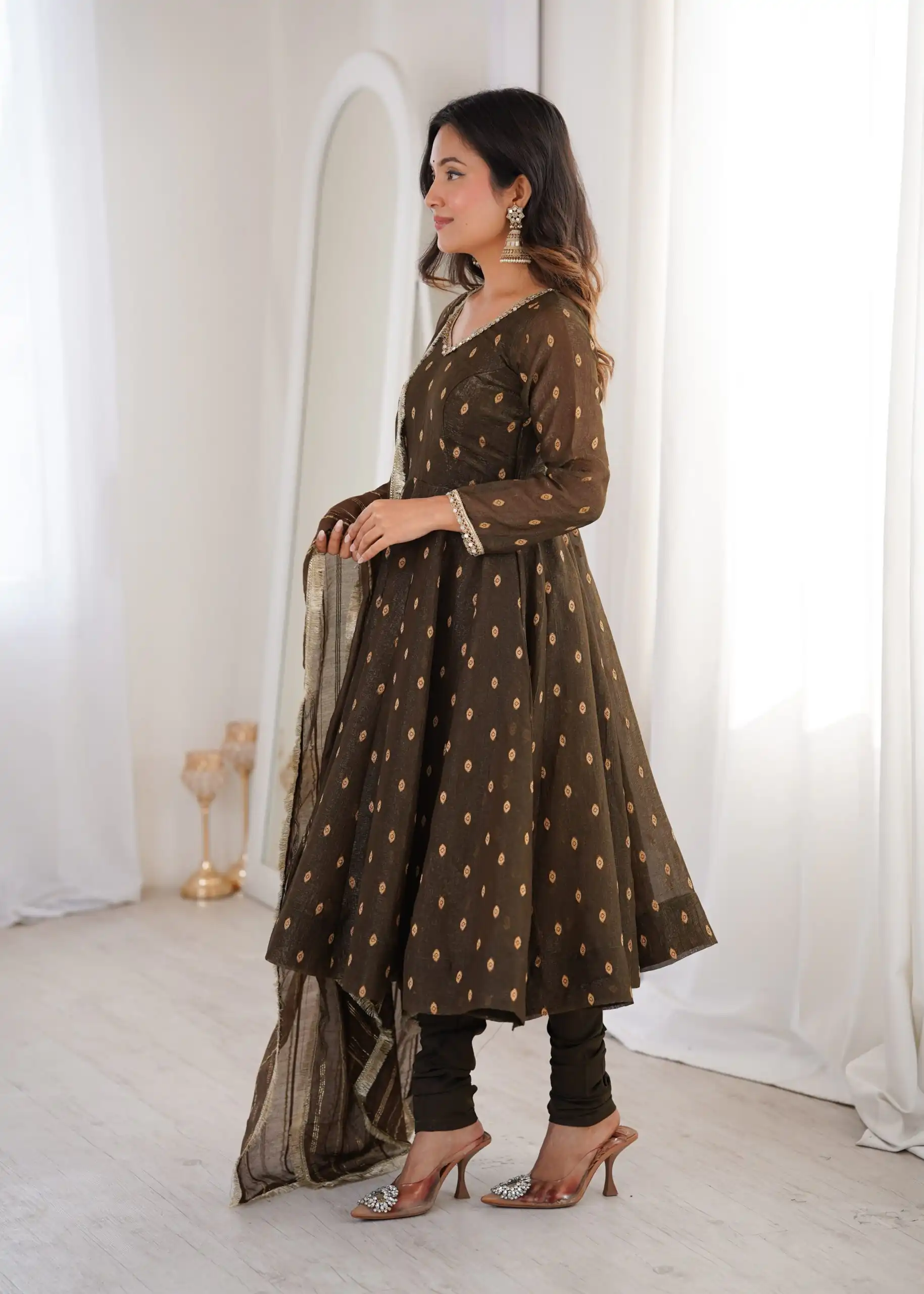 Stunning Brown Crunchy Silk Jacquard Work Gown - Image 4