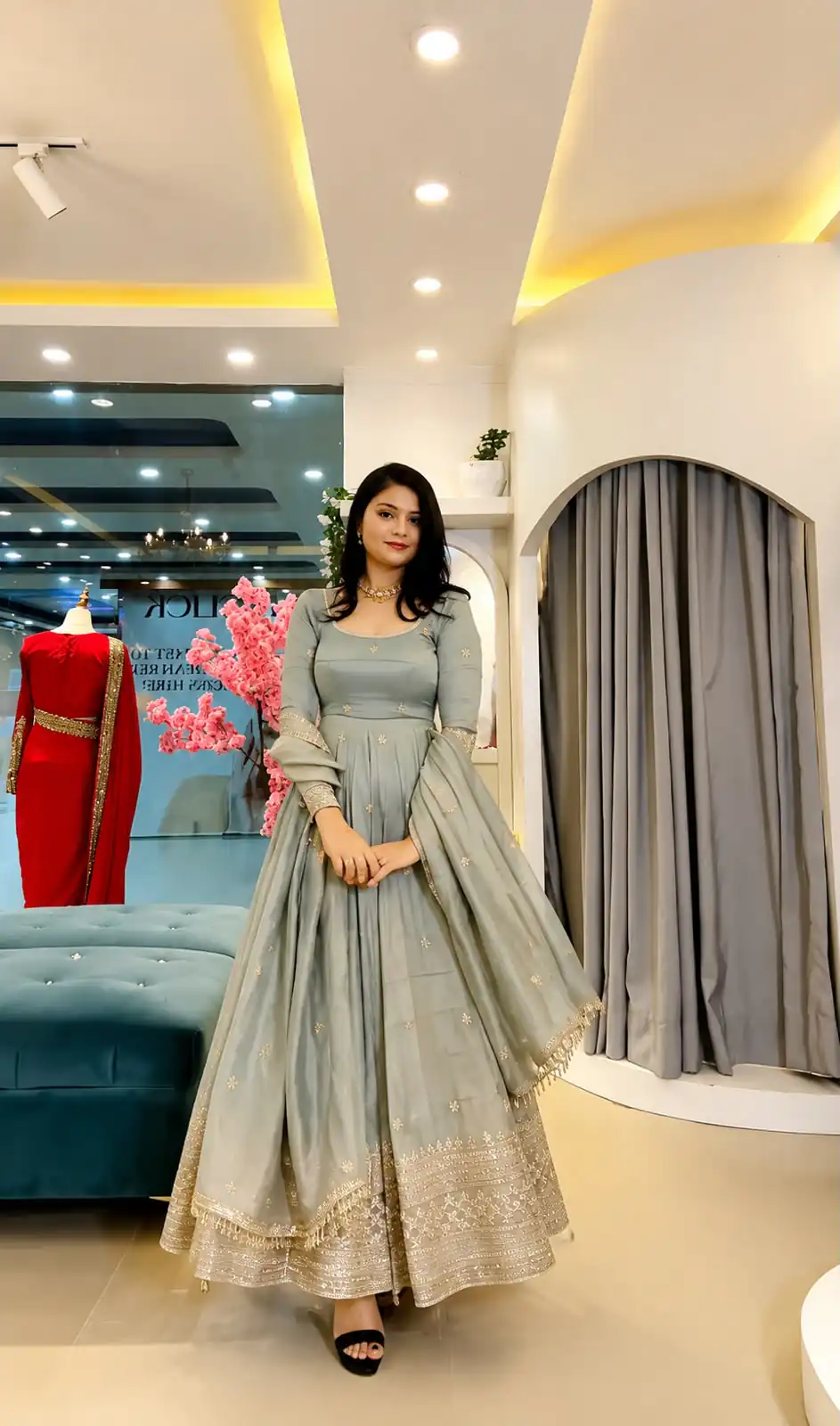 Stunning Grey Crunchy Silk Embroider Work Gown - Image 2