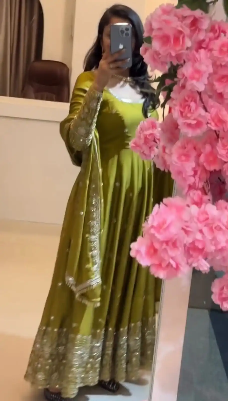 Stunning Lime Yellow Crunchy Silk Embroidery Work Gown - Image 3