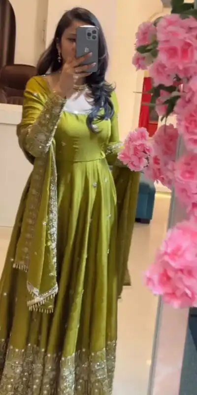 Stunning Lime Yellow Crunchy Silk Embroidery Work Gown