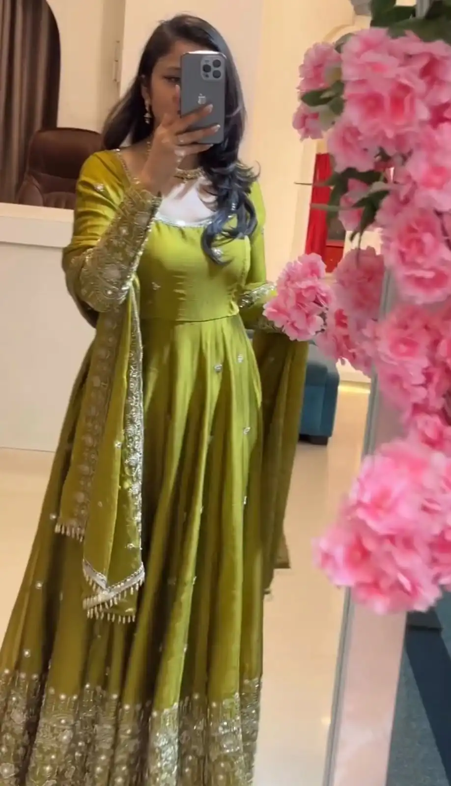 Stunning Lime Yellow Crunchy Silk Embroidery Work Gown