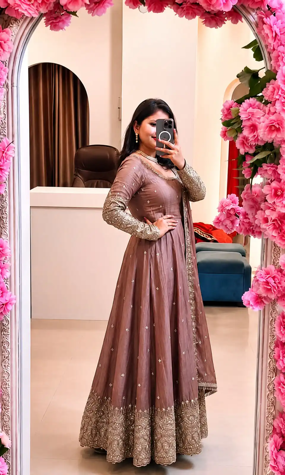 Stunning Onion Crunchy Silk Embroidery Work Gown - Image 2