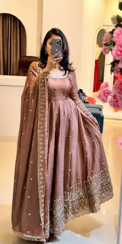 Stunning Onion Crunchy Silk Embroidery Work Gown