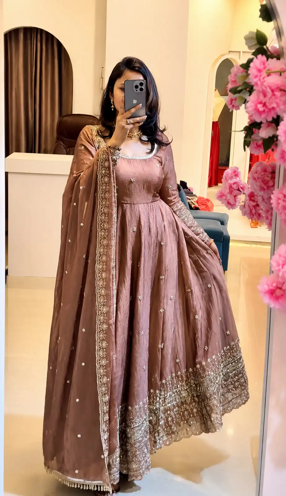 Stunning Onion Crunchy Silk Embroidery Work Gown