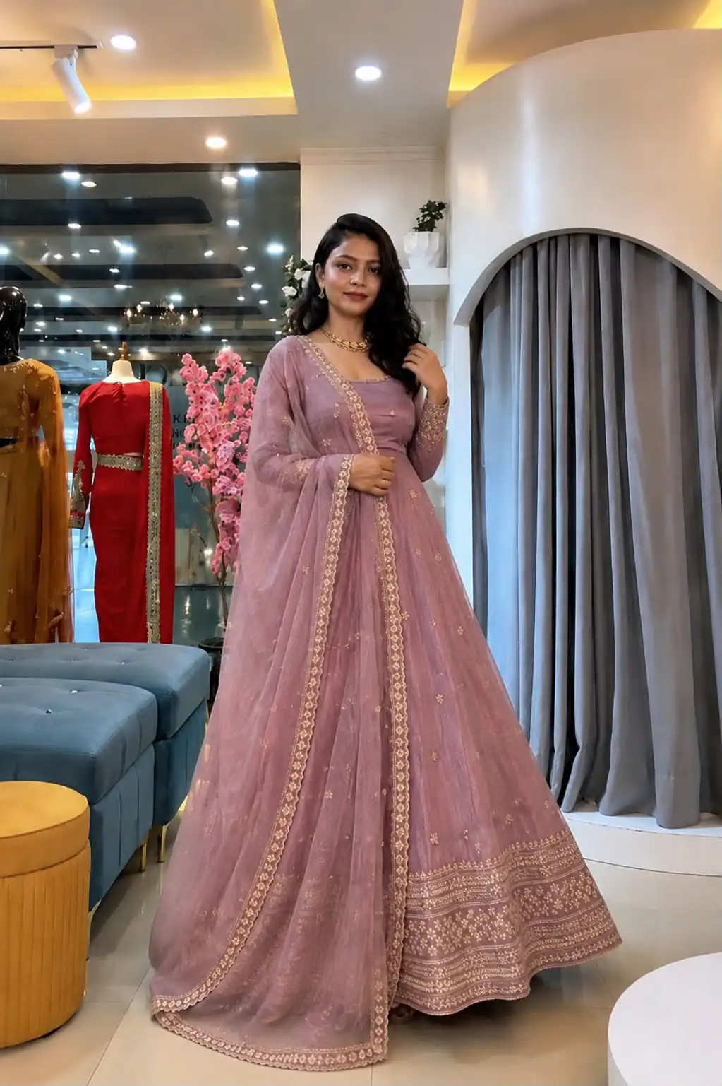 Stunning Pink Crunchy Silk Embroider Work Gown - Image 5