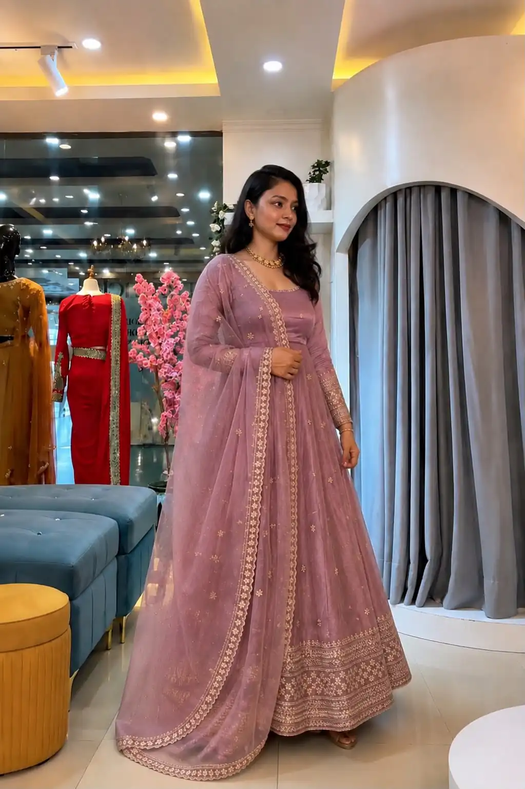 Stunning Pink Crunchy Silk Embroider Work Gown - Image 4