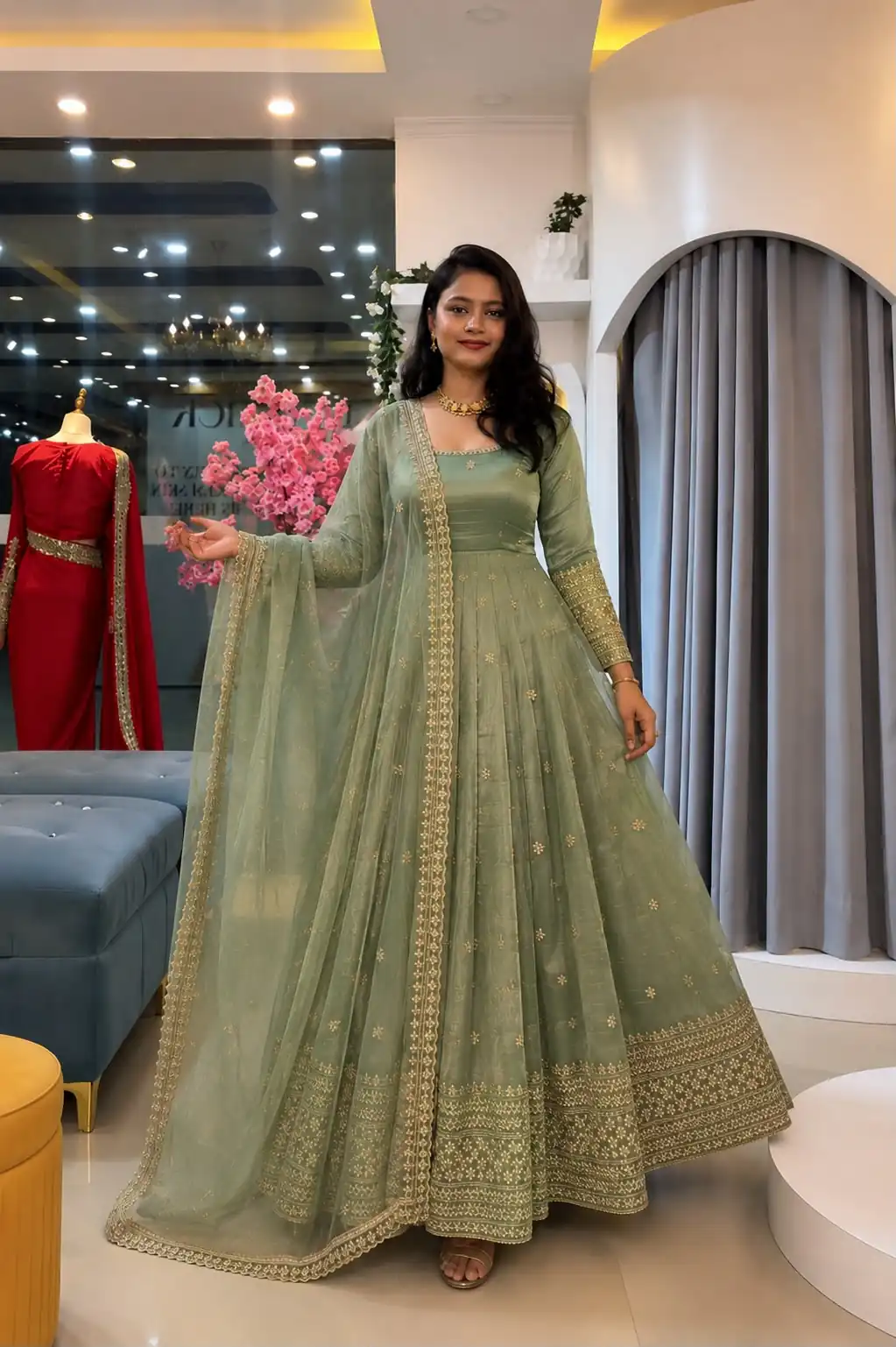 Stunning Pista Crunchy Silk Embroider Work Gown - Image 3