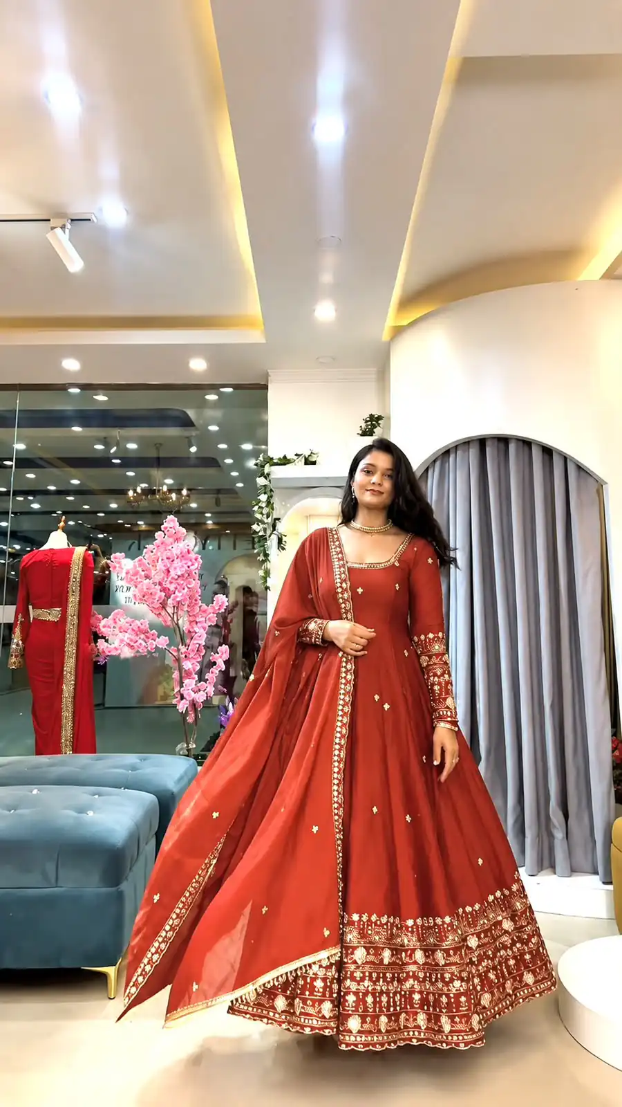 Stunning Red Crunchy Silk Embroidery Work Gown - Image 3