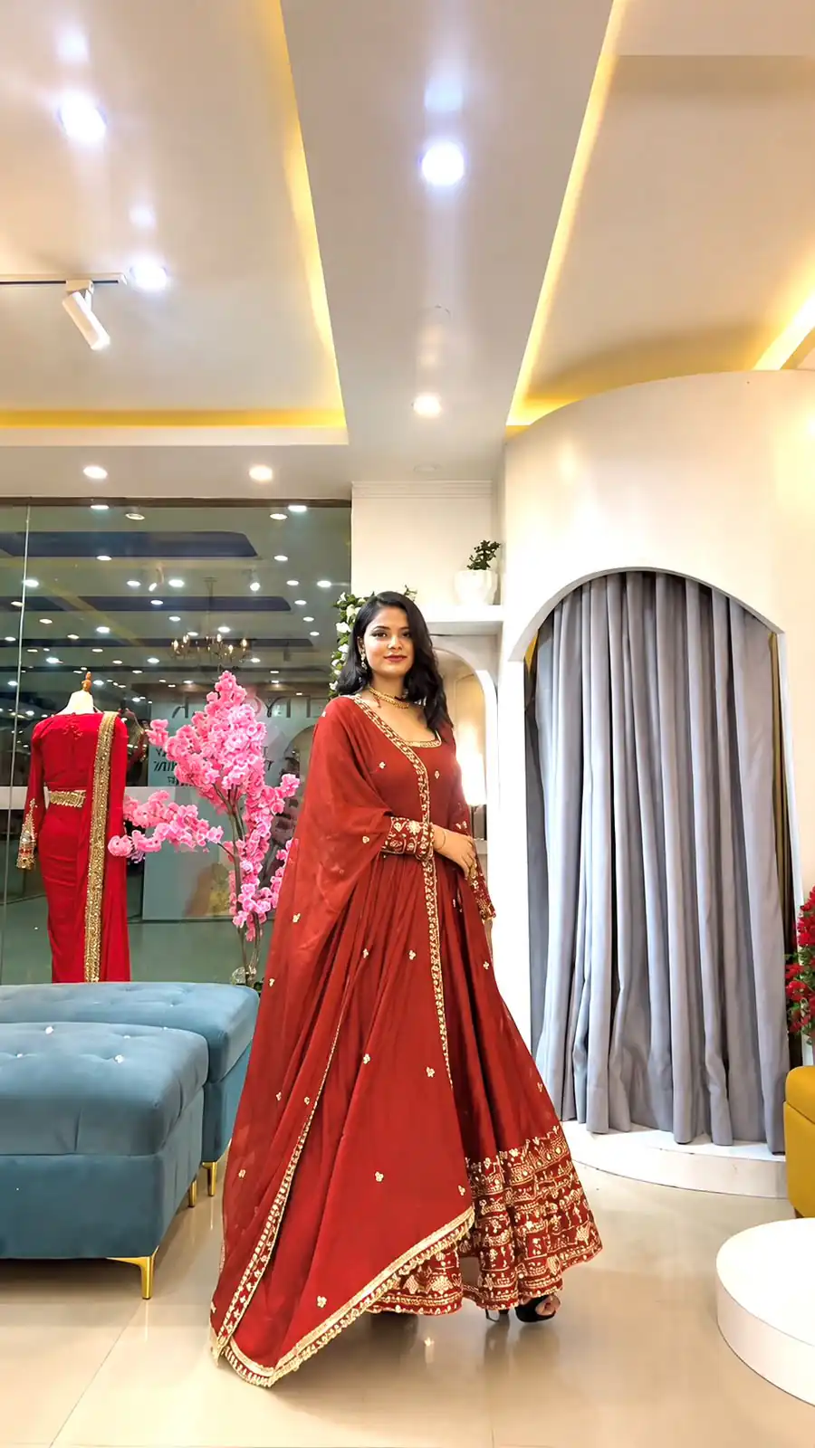 Stunning Red Crunchy Silk Embroidery Work Gown - Image 2