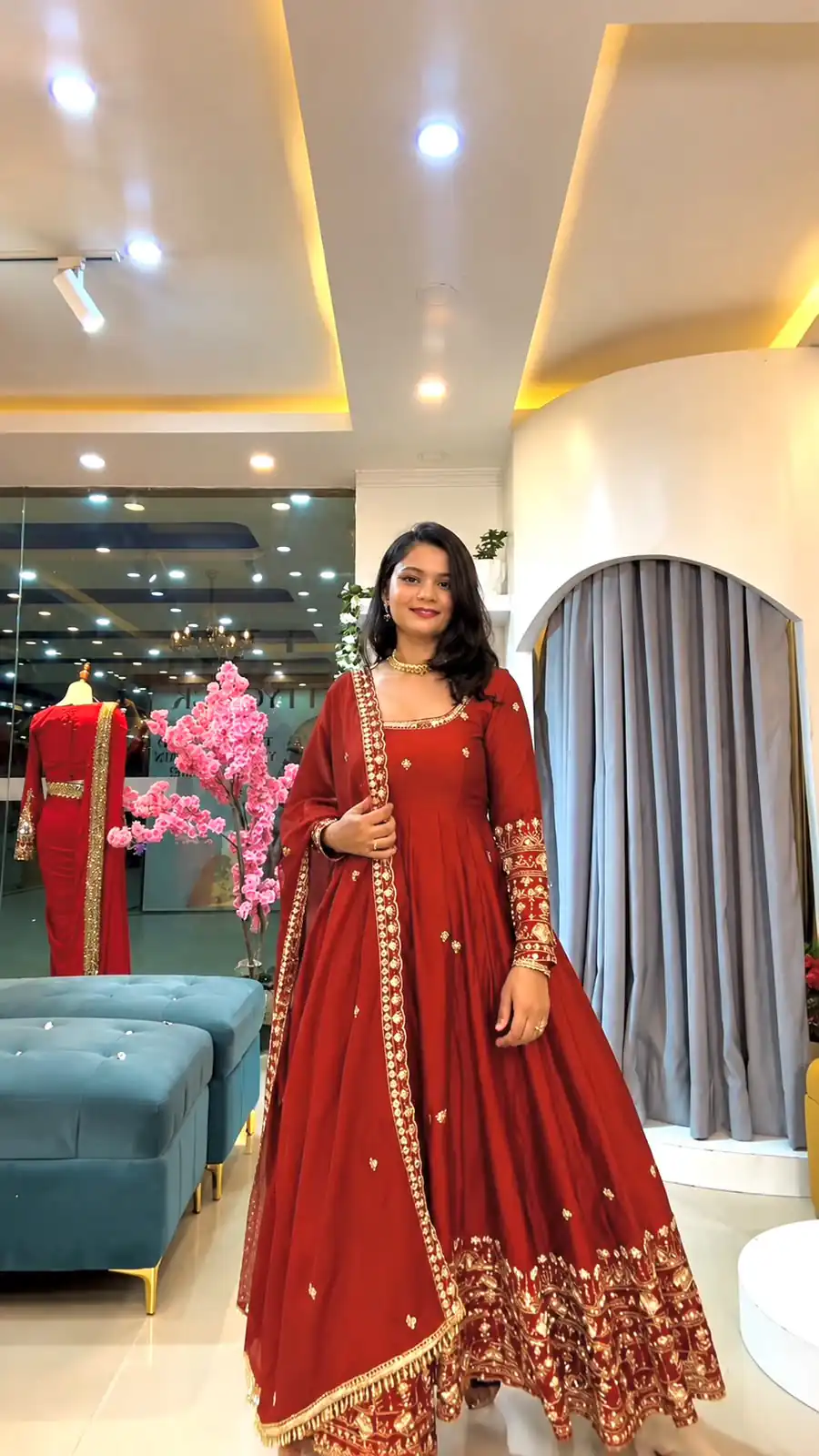 Stunning Red Crunchy Silk Embroidery Work Gown