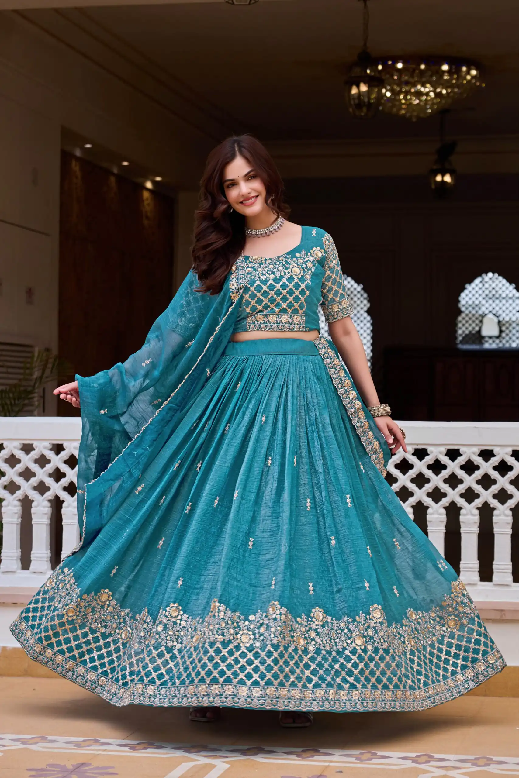 Stunning Teal Crunchy Embroidery Work Lehenga Choli - Image 3