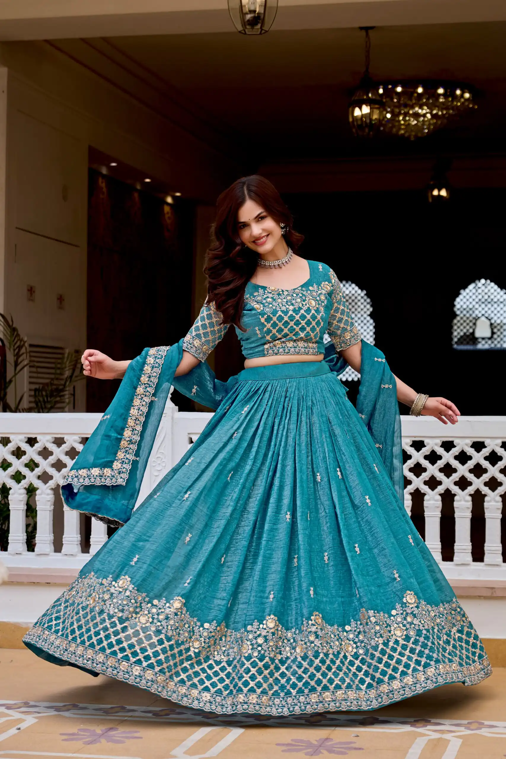 Stunning Teal Crunchy Embroidery Work Lehenga Choli - Image 5