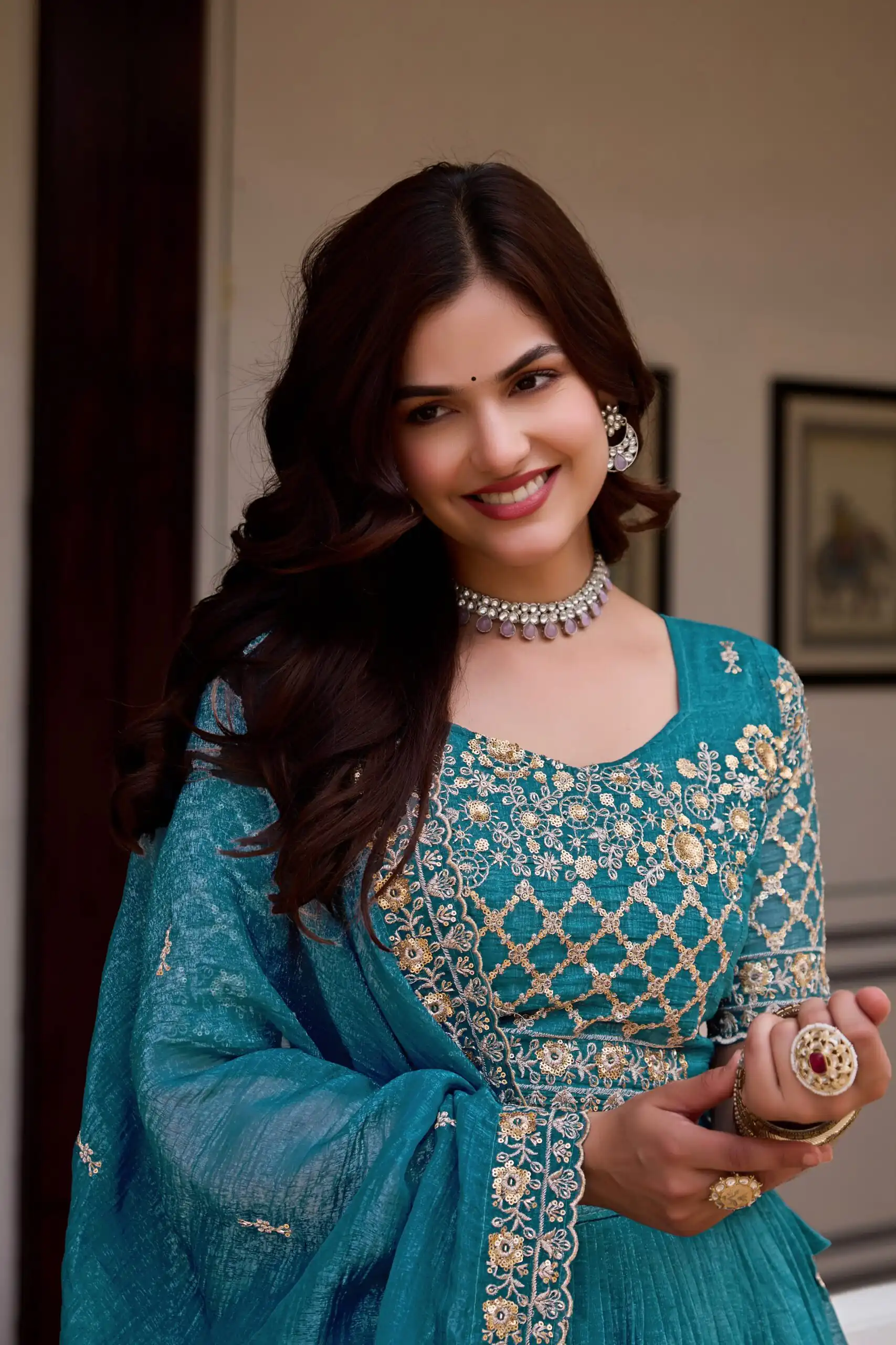 Stunning Teal Crunchy Embroidery Work Lehenga Choli - Image 6