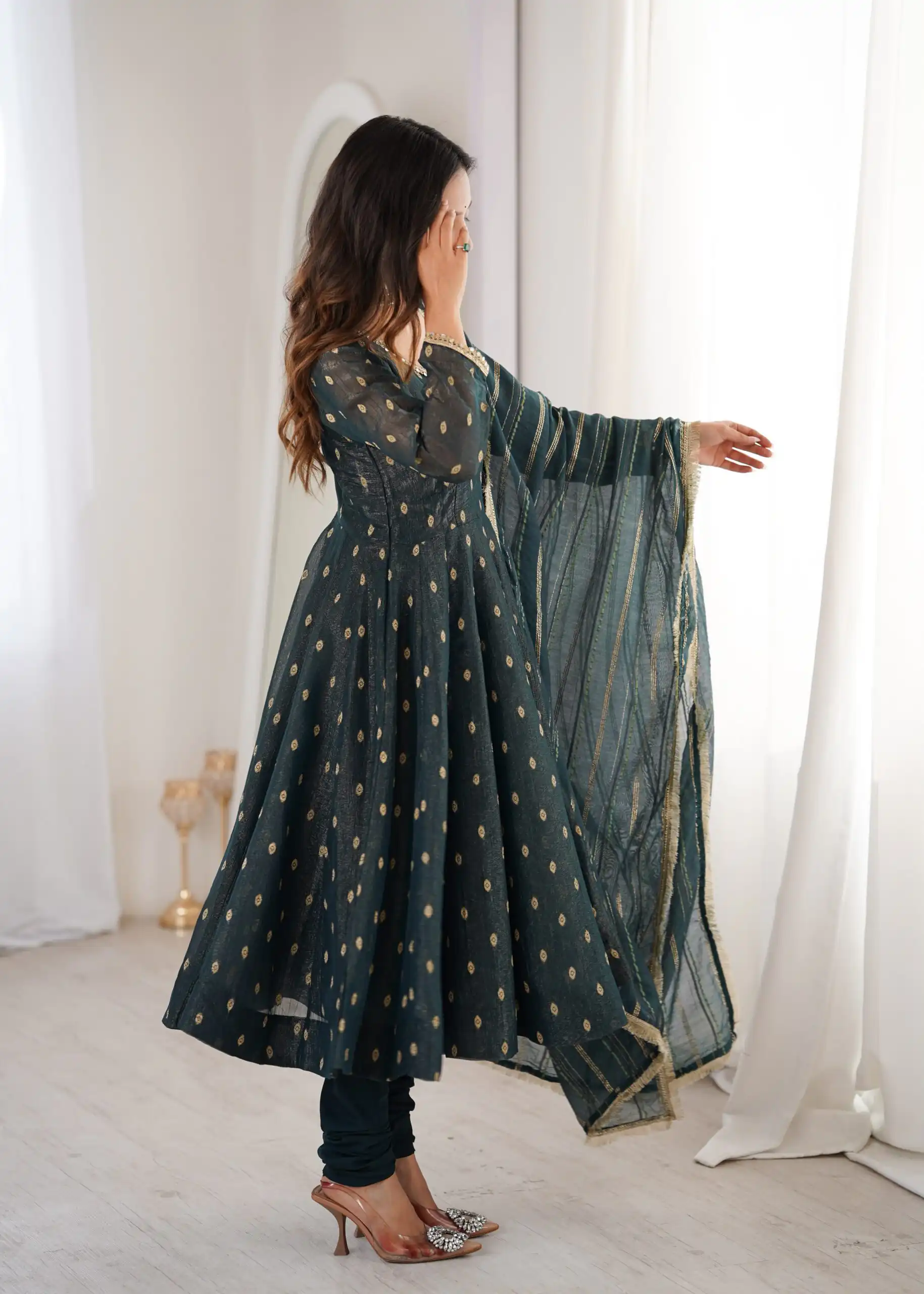 Stunning Teal Crunchy Silk Jacquard Work Gown - Image 8