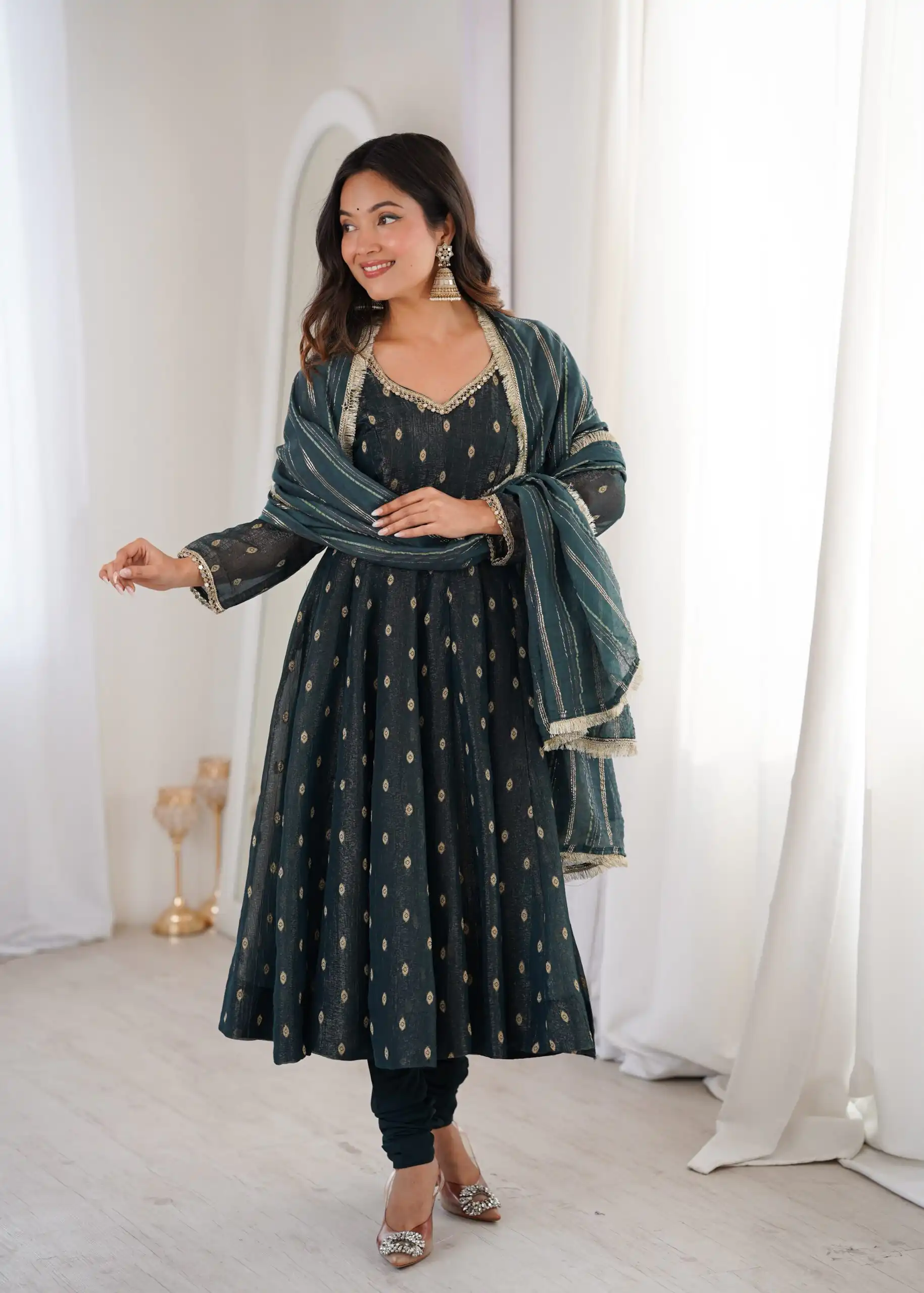 Stunning Teal Crunchy Silk Jacquard Work Gown - Image 4