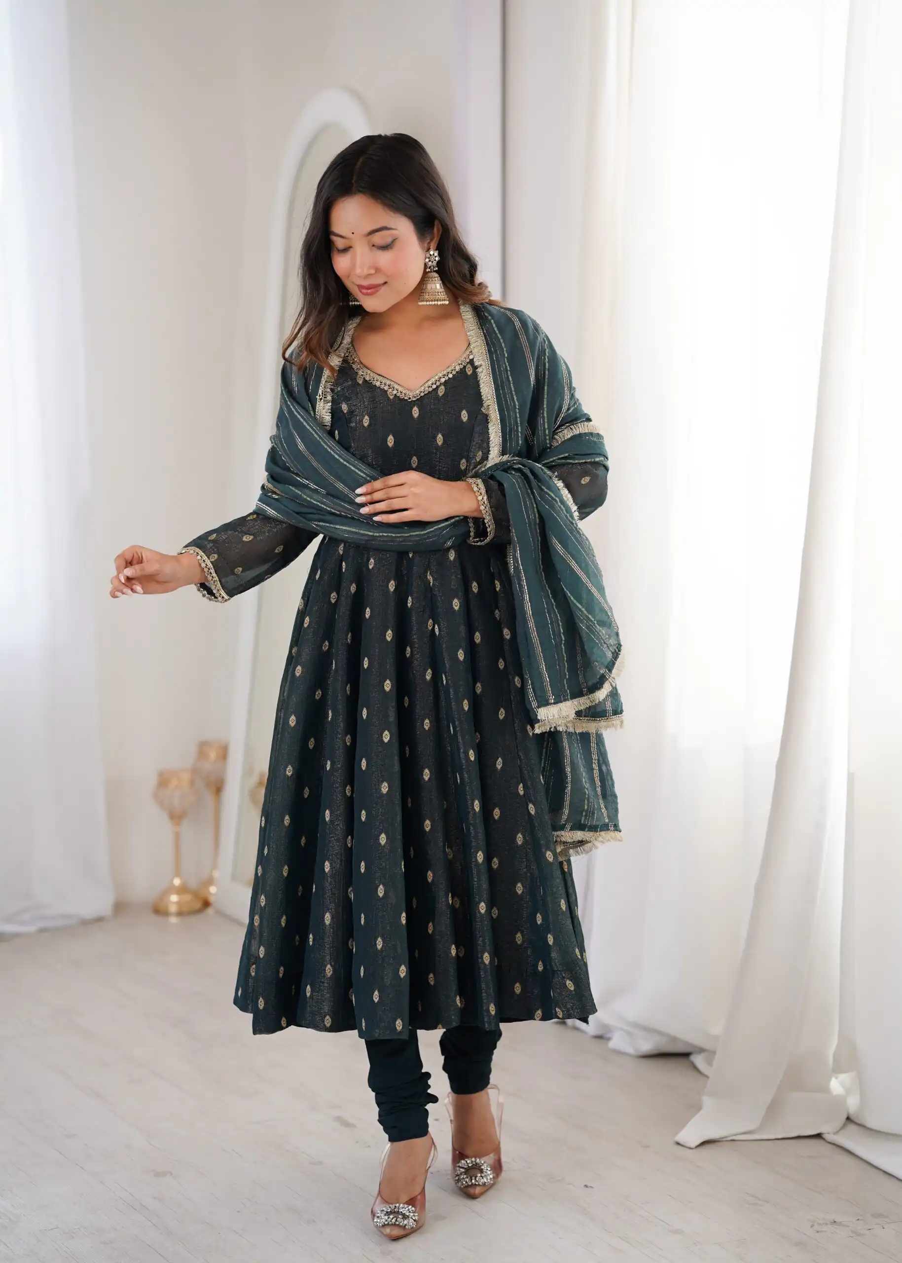 Stunning Teal Crunchy Silk Jacquard Work Gown