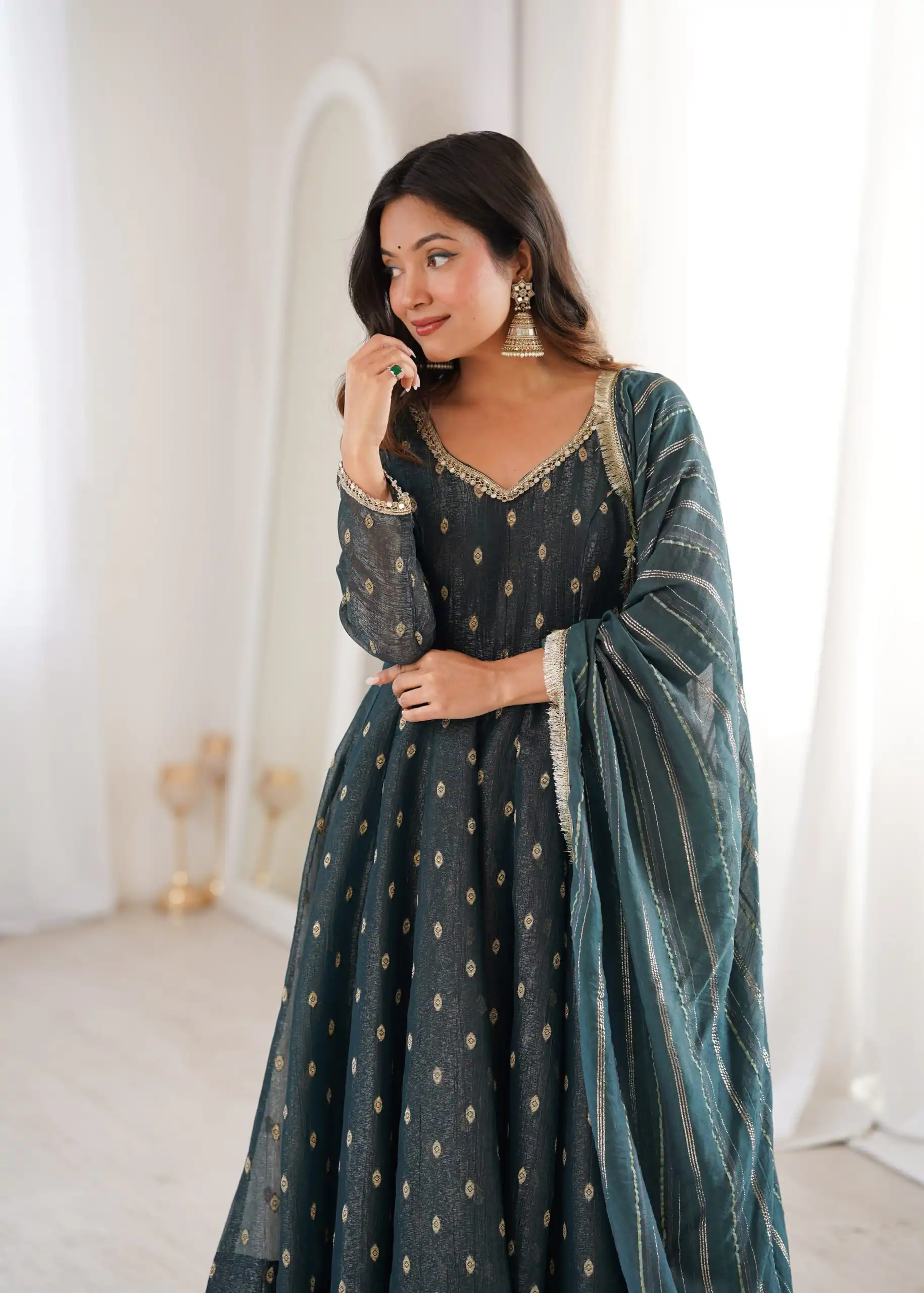 Stunning Teal Crunchy Silk Jacquard Work Gown - Image 9
