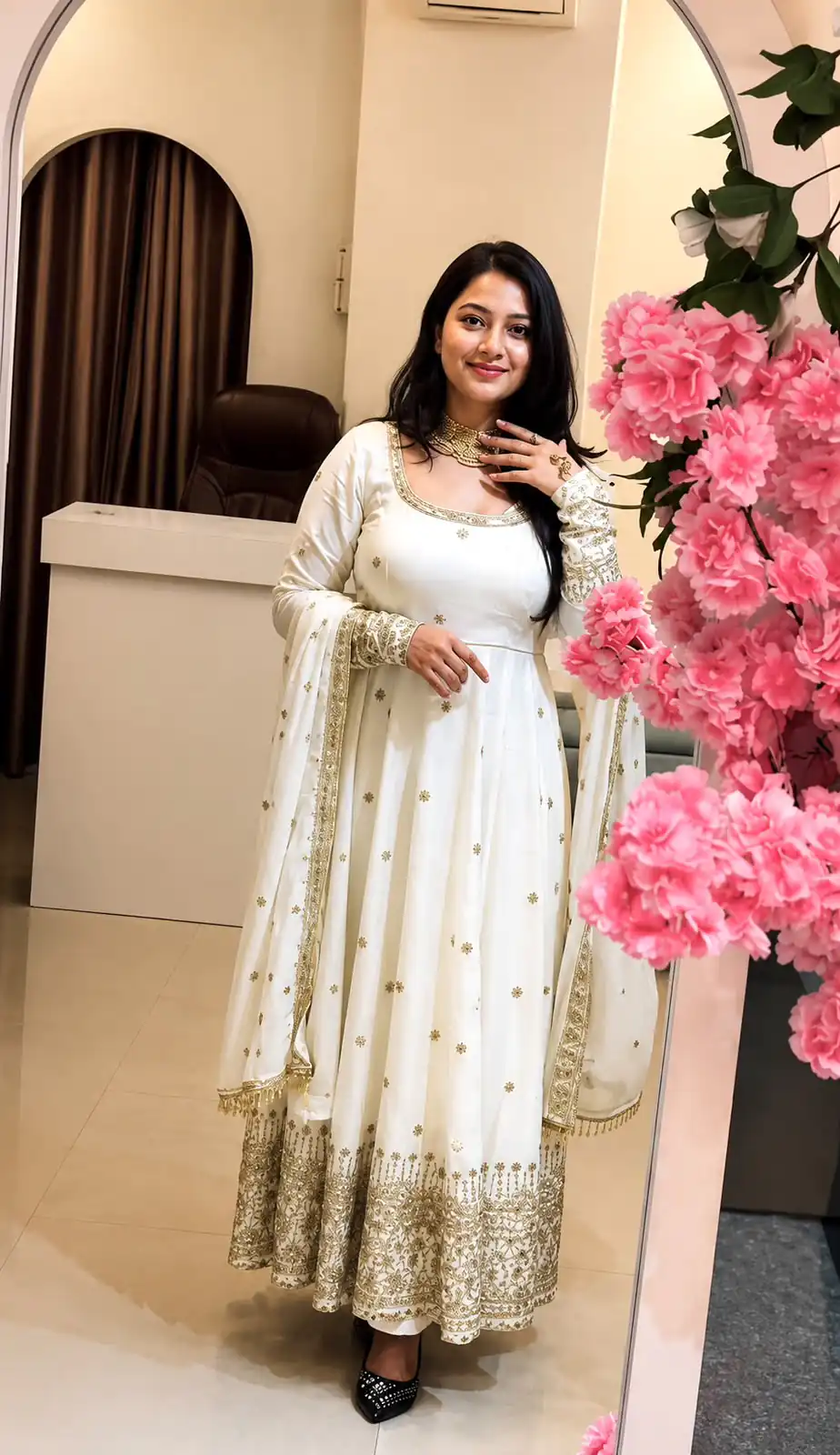 Stunning White Crunchy Silk Embroidery Work Gown - Image 3