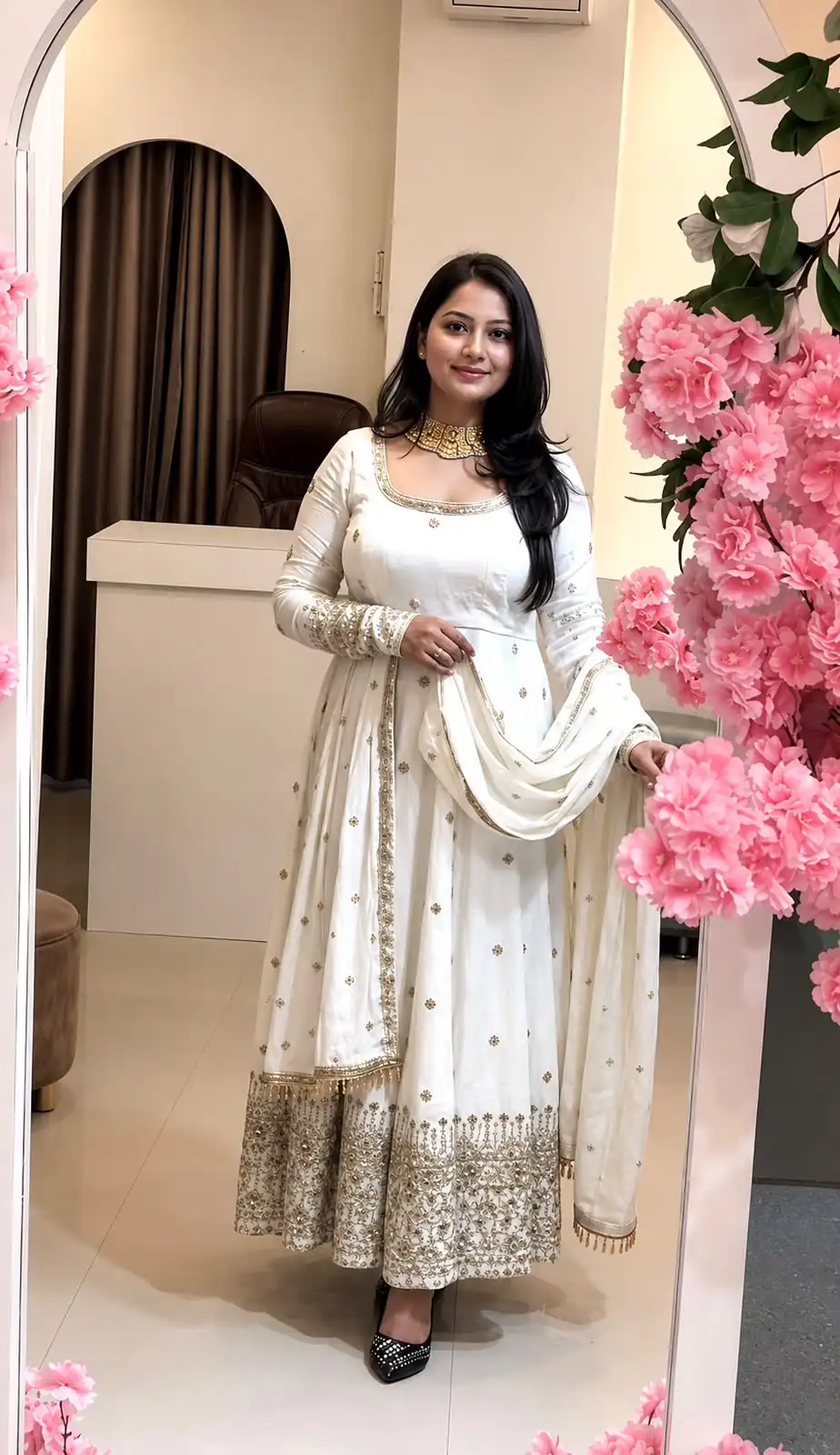 Stunning White Crunchy Silk Embroidery Work Gown - Image 2