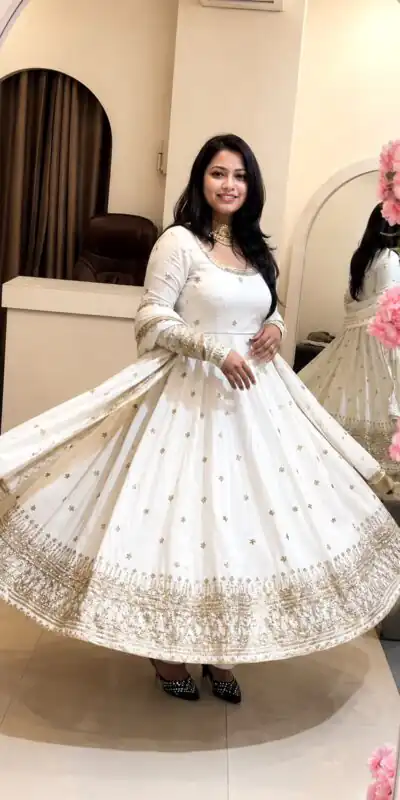 Stunning White Crunchy Silk Embroidery Work Gown