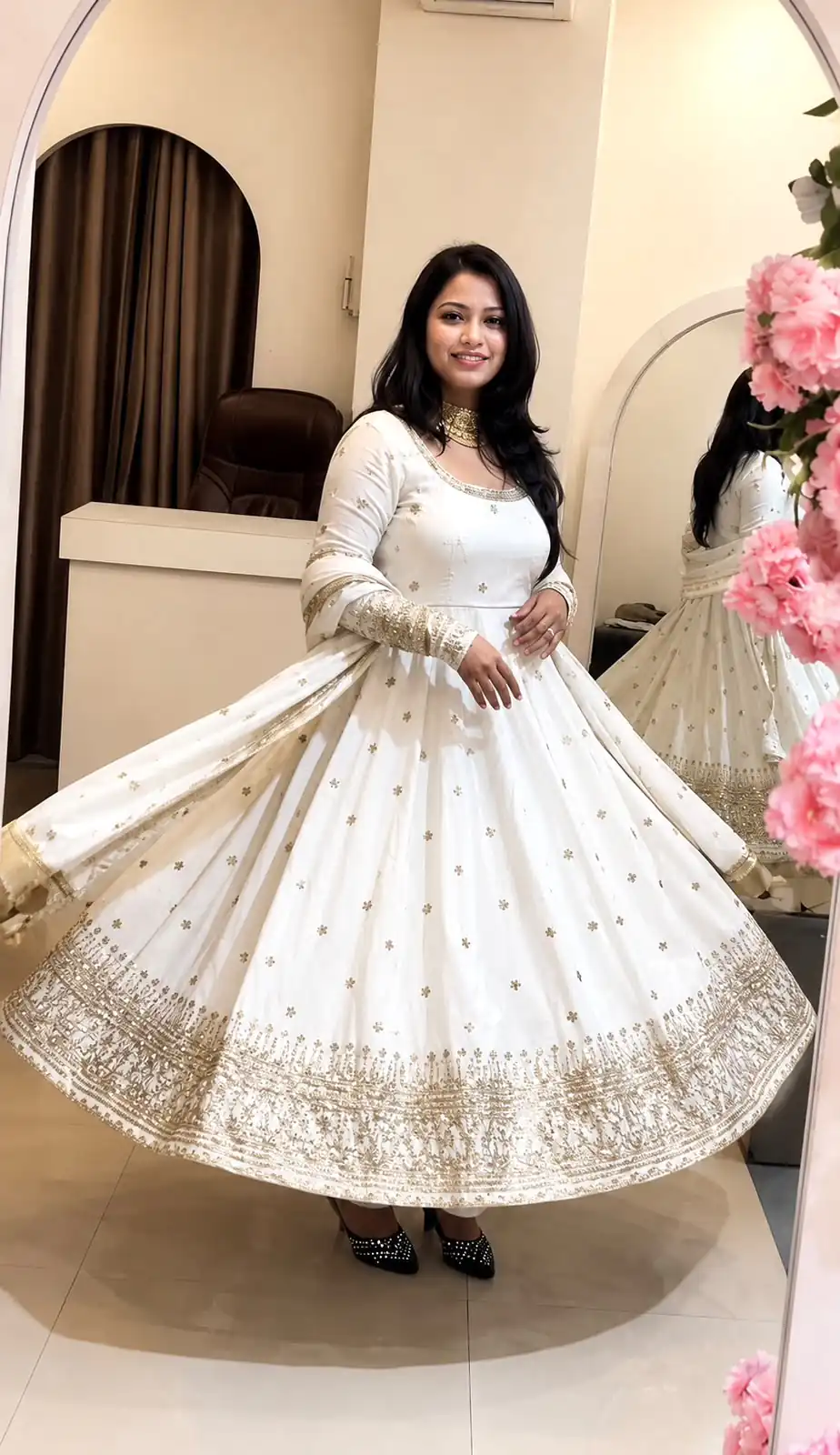 Stunning White Crunchy Silk Embroidery Work Gown