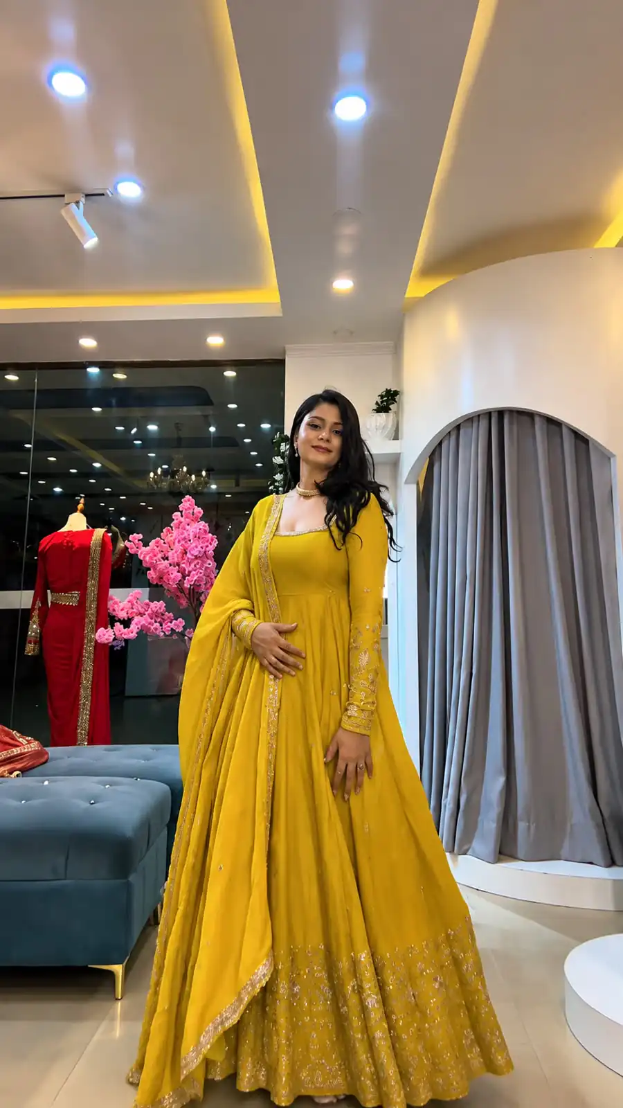 Stunning Yellow Crunchy Silk Embroidery Work Gown - Image 3