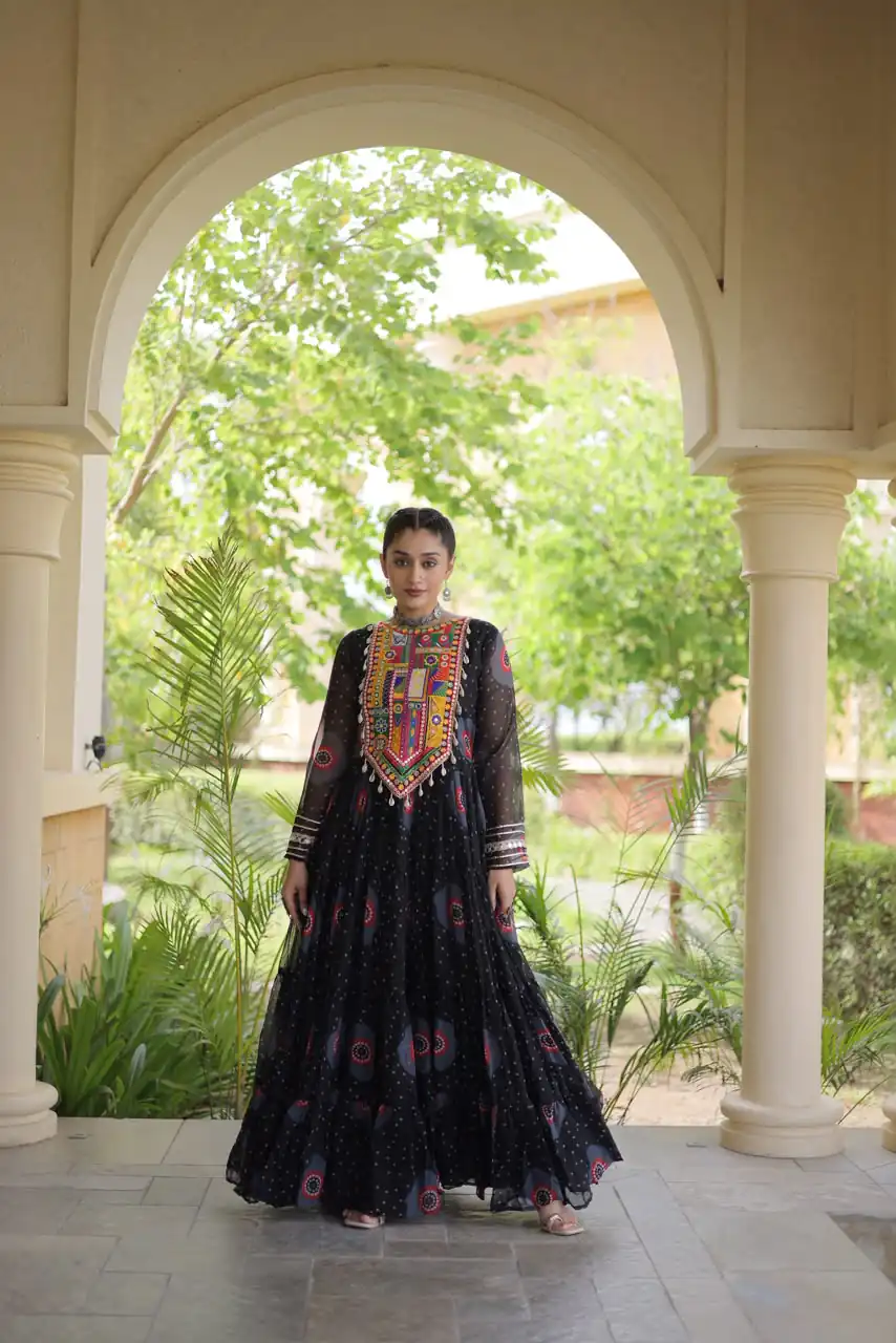 Stylist Black Faux Georgette Bandhani Print Work Gown - Image 4