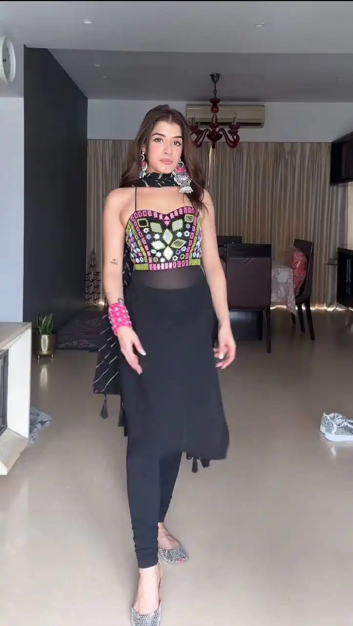 Stylist Black Faux Georgette Real Mirror Work Salwar Suit
