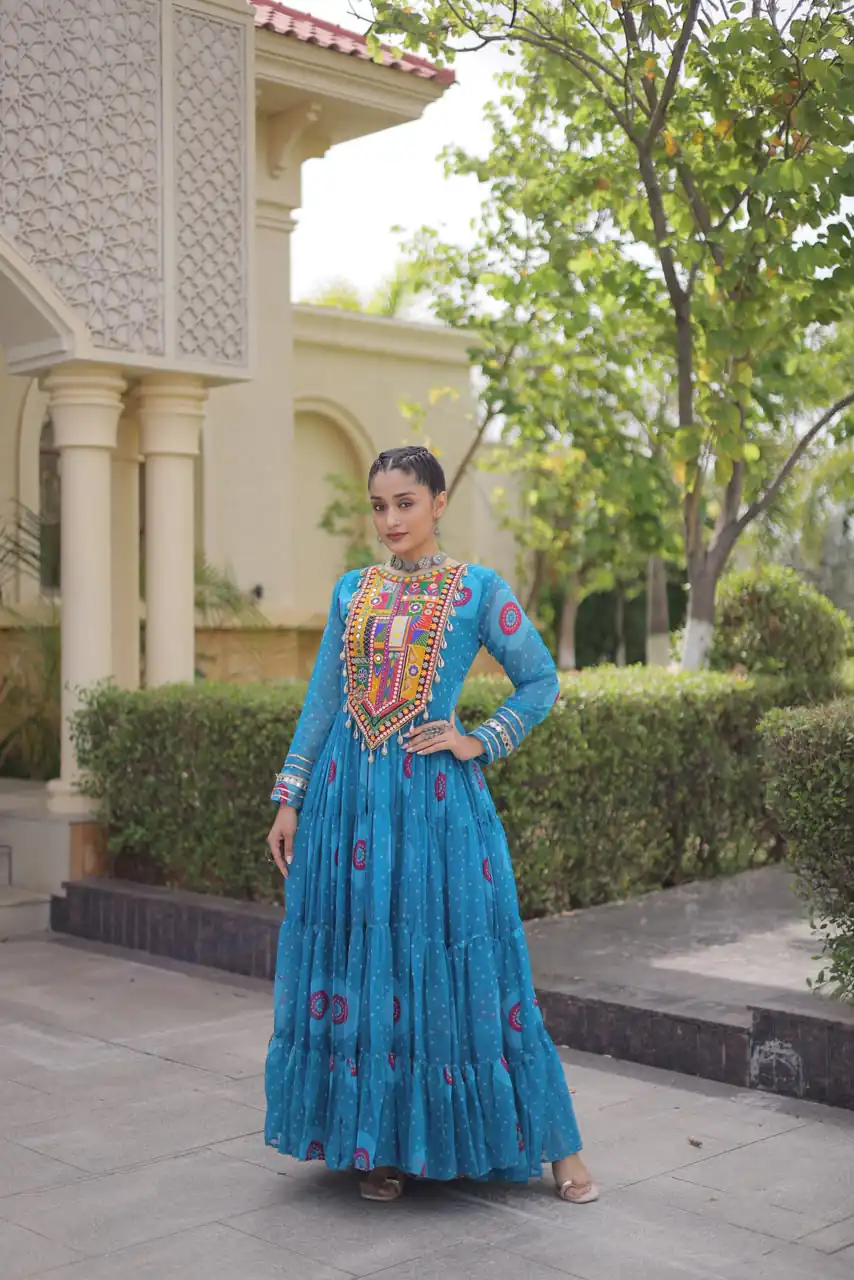 Stylist Blue Faux Georgette Bandhani Print Work Gown - Image 3
