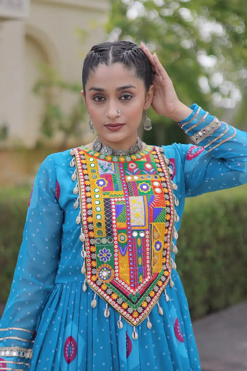 Stylist Blue Faux Georgette Bandhani Print Work Gown - Image 2