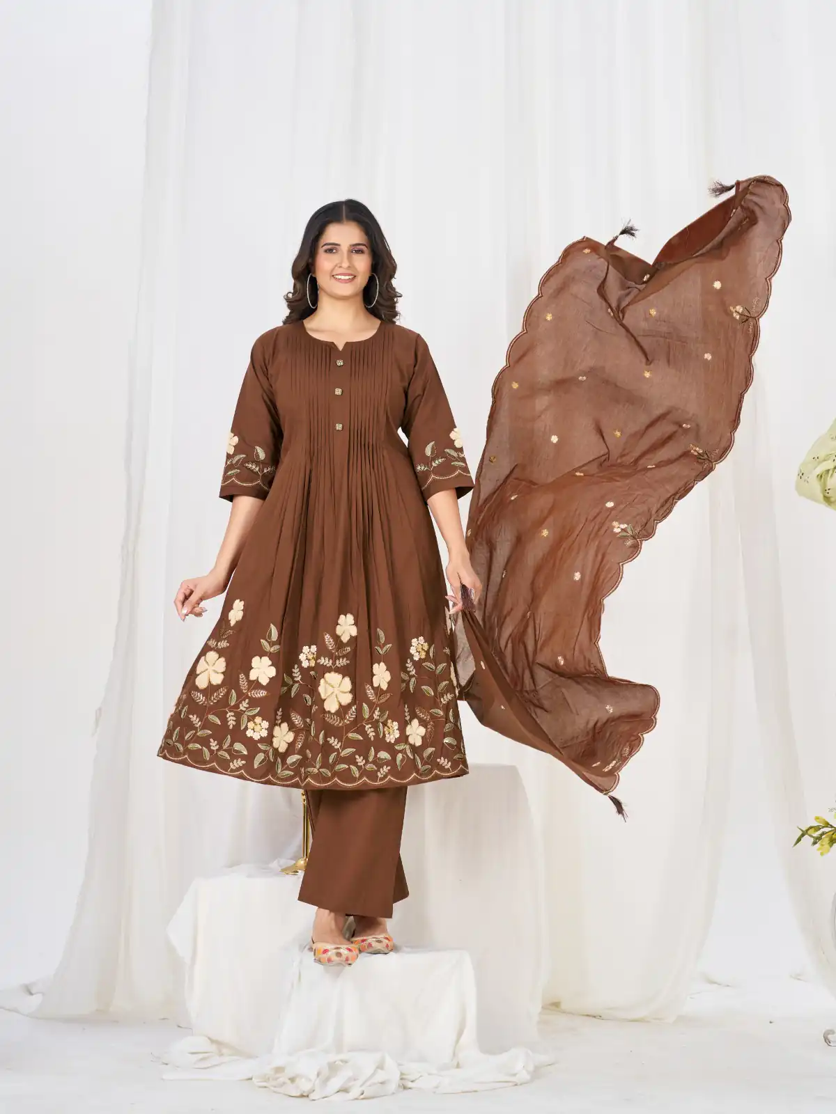 Stylist Brown Pure Cotton Embroidery Cut Work Salwar Suit - Image 3