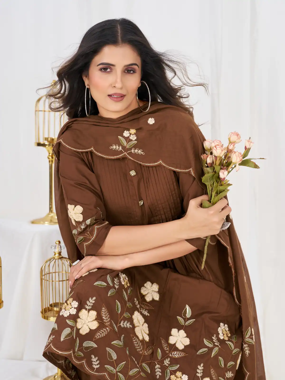 Stylist Brown Pure Cotton Embroidery Cut Work Salwar Suit - Image 2