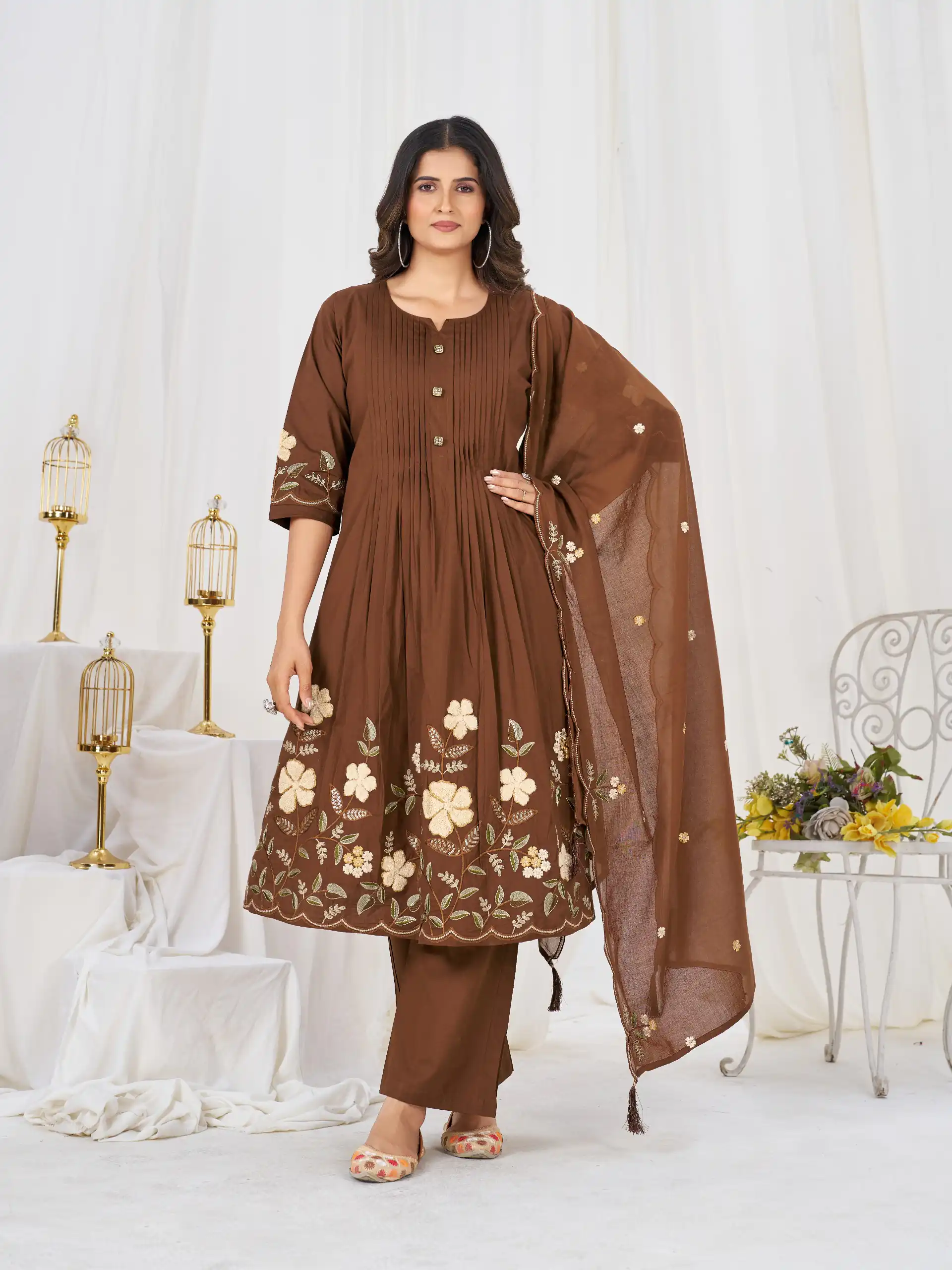 Stylist Brown Pure Cotton Embroidery Cut Work Salwar Suit